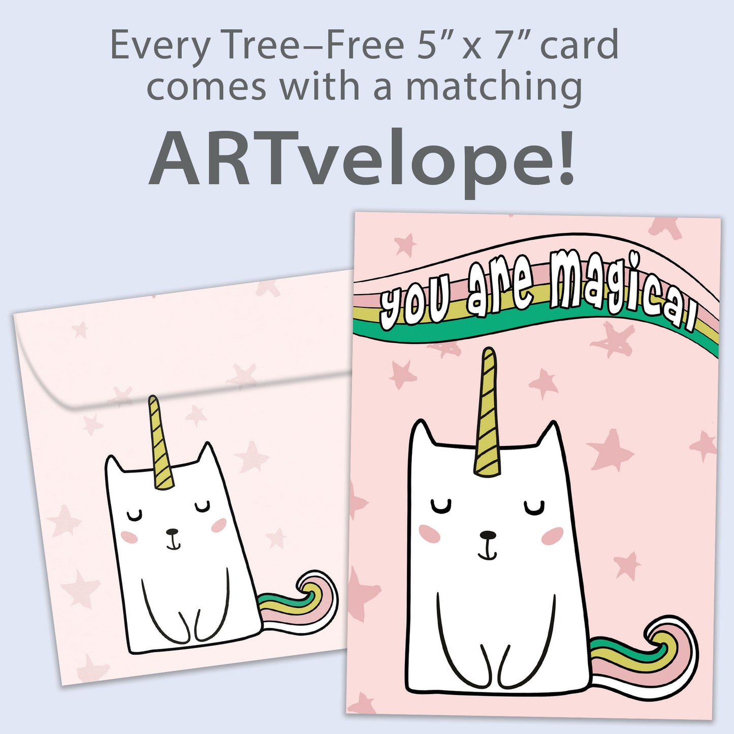 Front view of a Birthday greeting card featuring a unicorn cat with the words "you are magical" on a pink background, with matching envelope artwork.