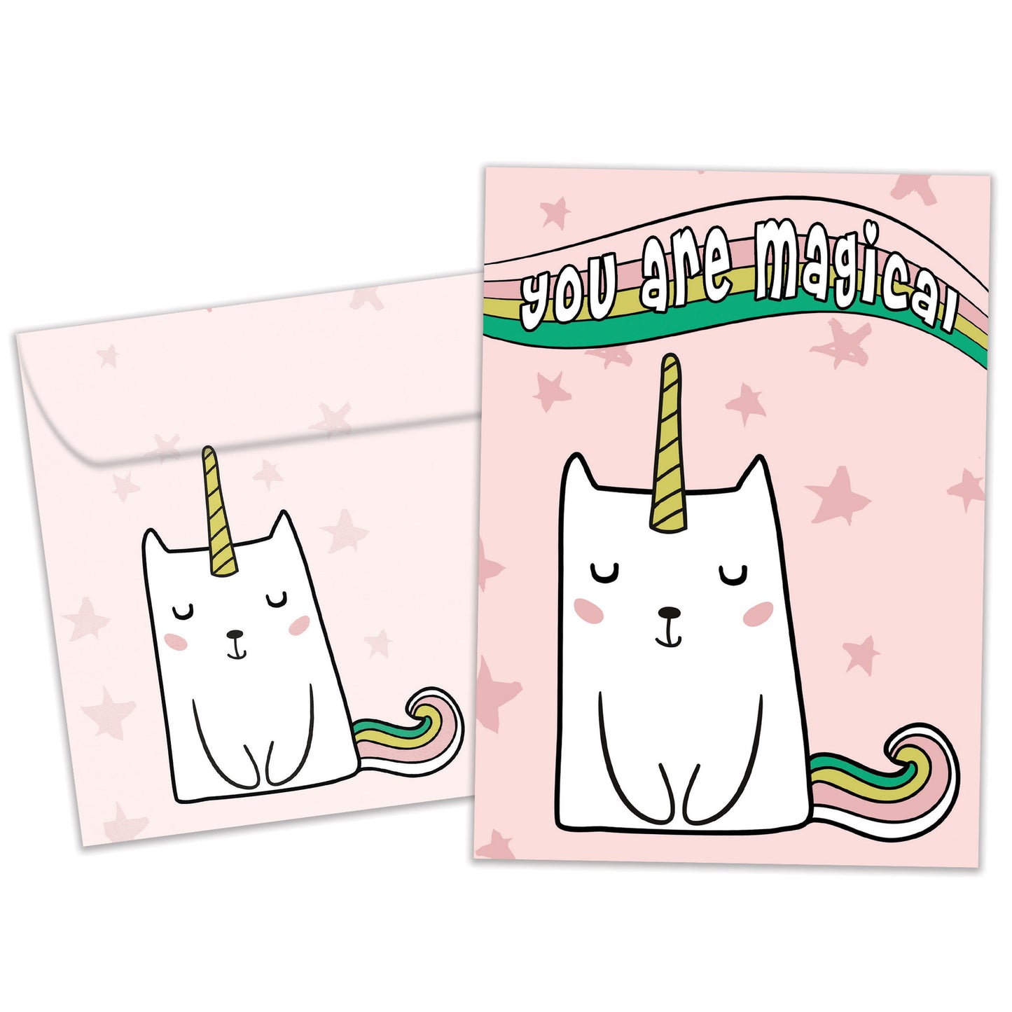 Front view of a Birthday greeting card featuring a unicorn cat with the words "you are magical" on a pink background, with a matching envelope.
