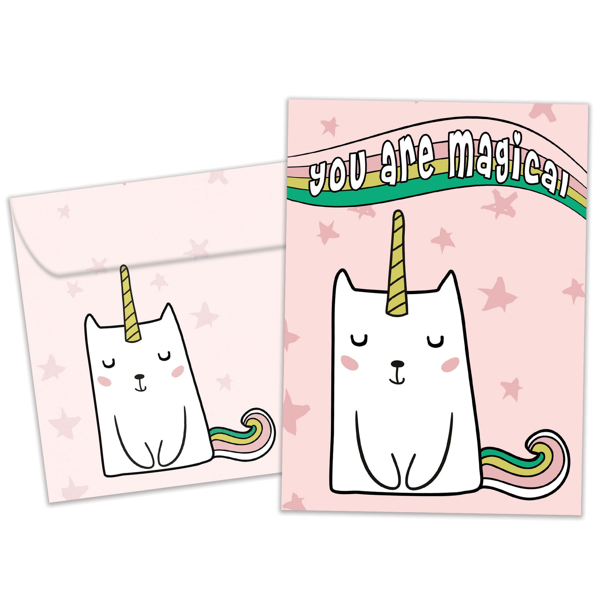 Front view of a Birthday greeting card featuring a unicorn cat with the words "you are magical" on a pink background, with a matching envelope.