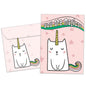 Front view of a Birthday greeting card featuring a unicorn cat with the words "you are magical" on a pink background, with a matching envelope.