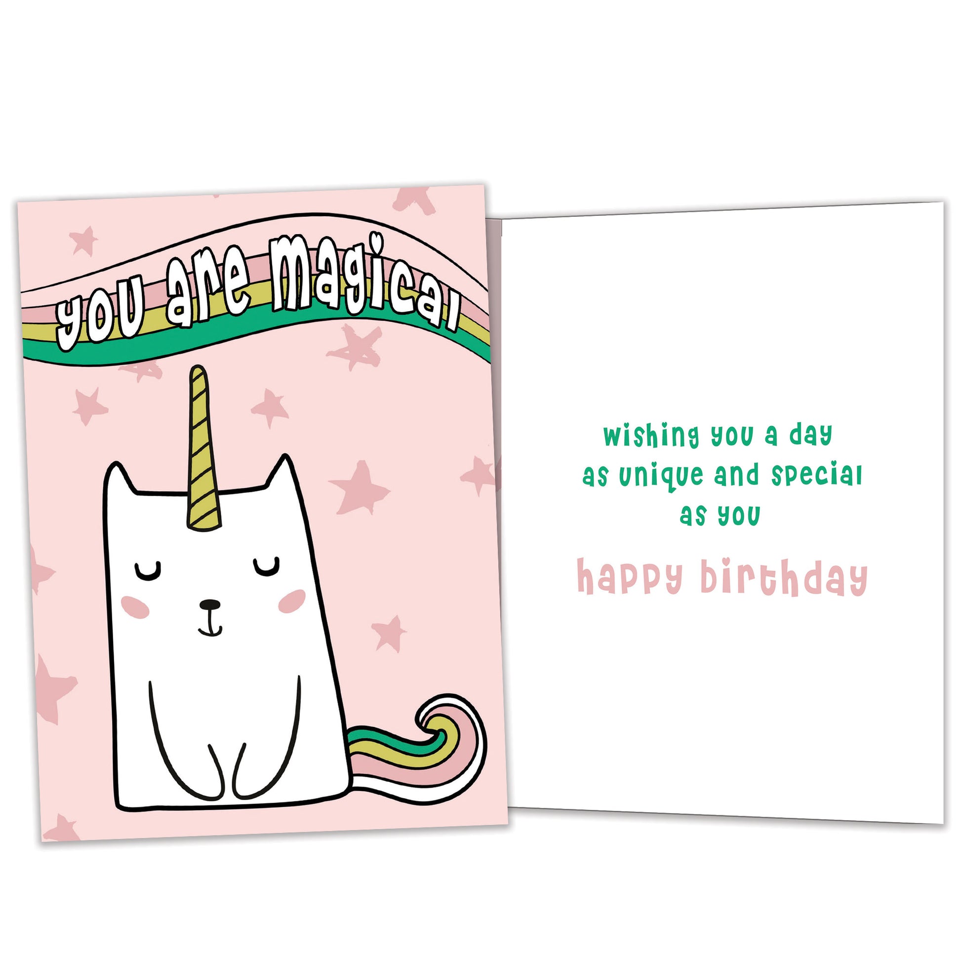 Front and inside view of a Birthday greeting card featuring a unicorn cat with the words "you are magical" on a pink background, with matching design details inside.