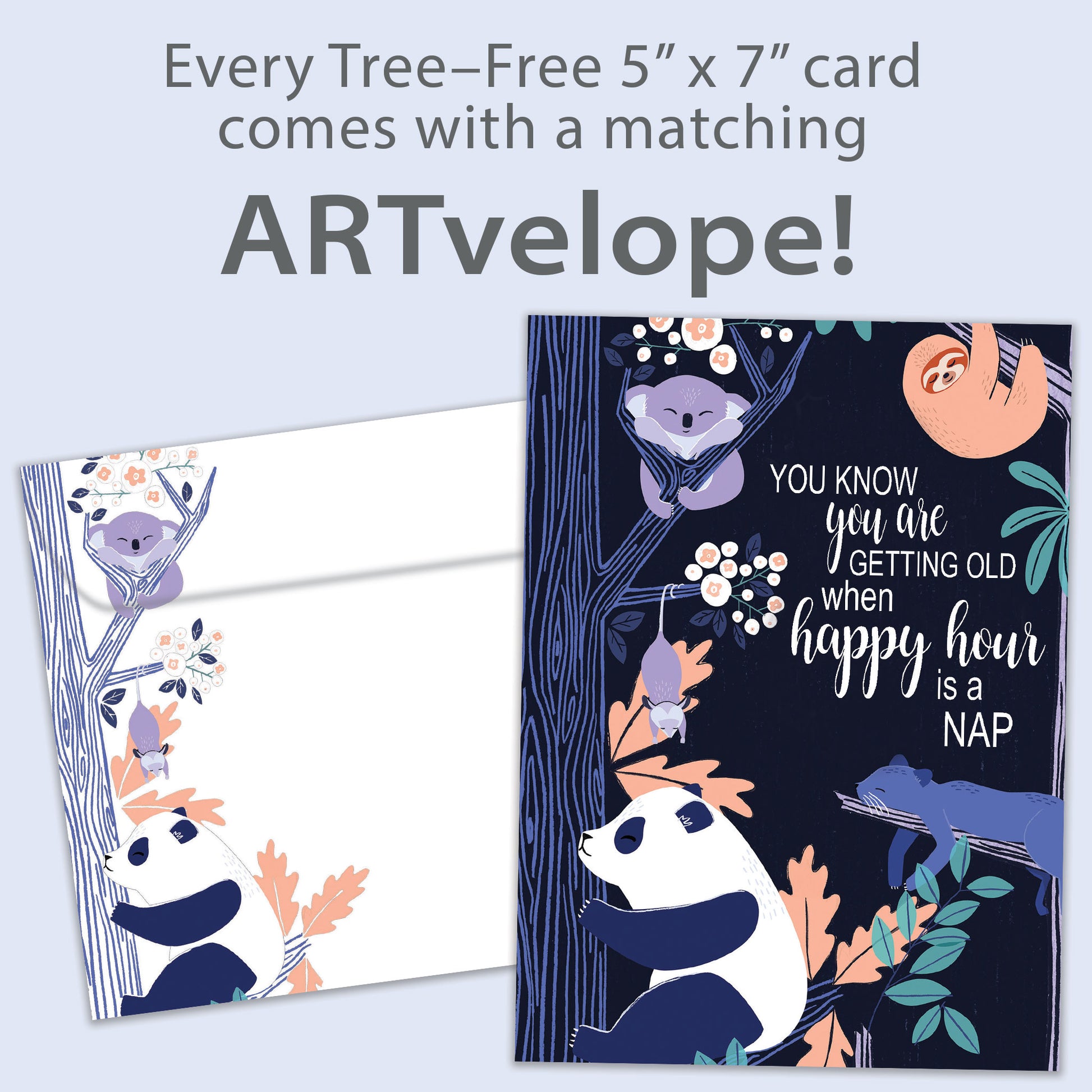 Front view of a Birthday greeting card featuring animals sleeping in trees with a message about getting old and napping, with matching envelope artwork.