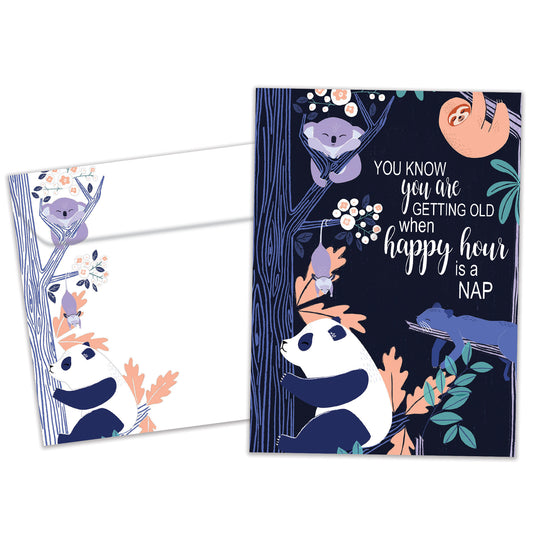 Front view of a Birthday greeting card featuring animals sleeping in trees with a message about getting old and napping, with a matching envelope.