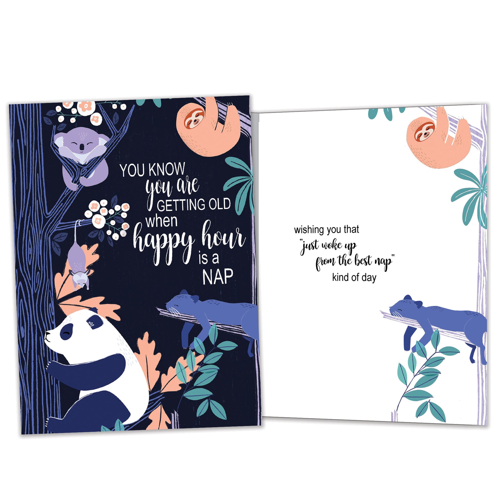 Front and inside view of a Birthday greeting card featuring animals sleeping in trees with a message about getting old and napping, with matching design details inside.