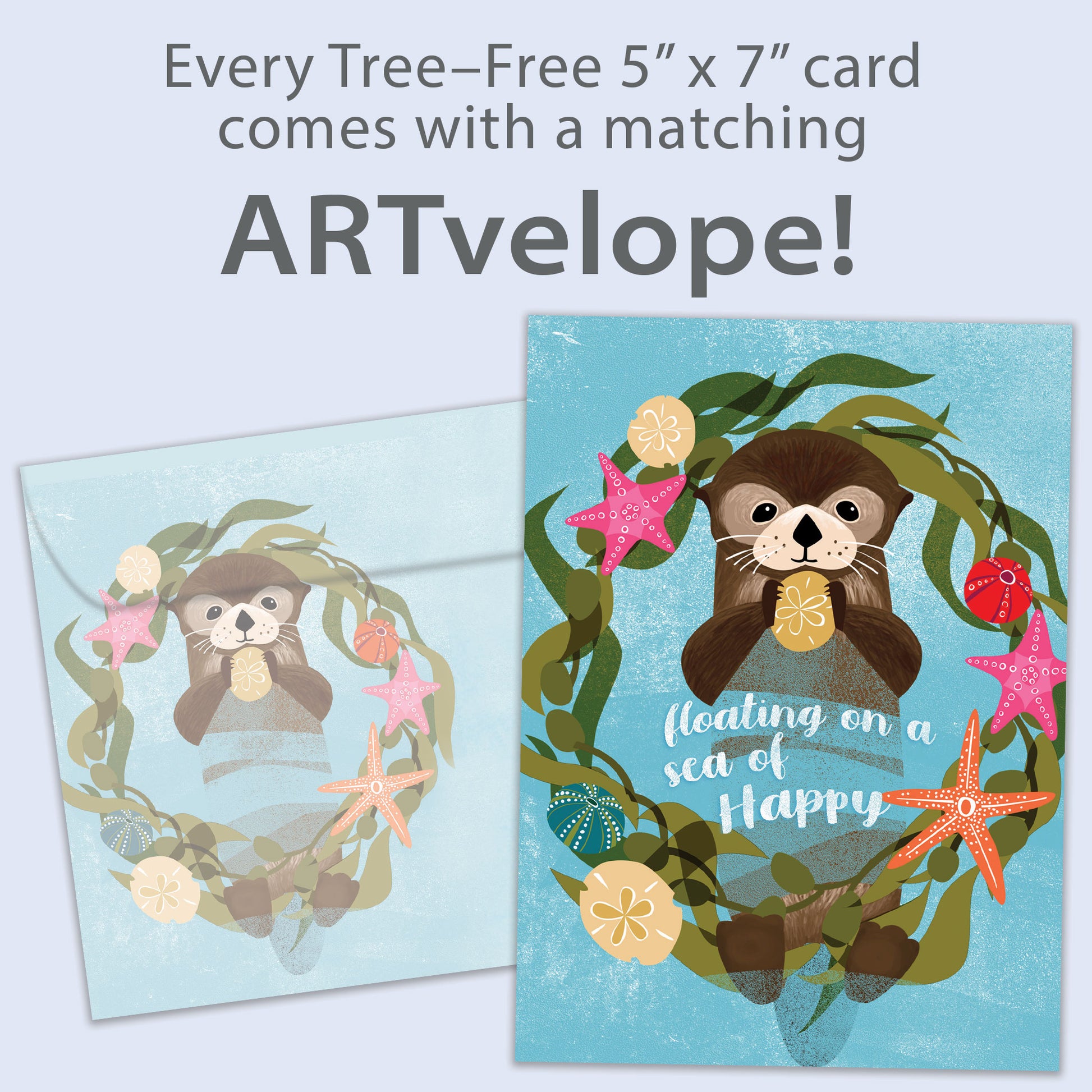 Front view of a Birthday greeting card featuring a floating sea otter with a happy message, with matching envelope artwork.