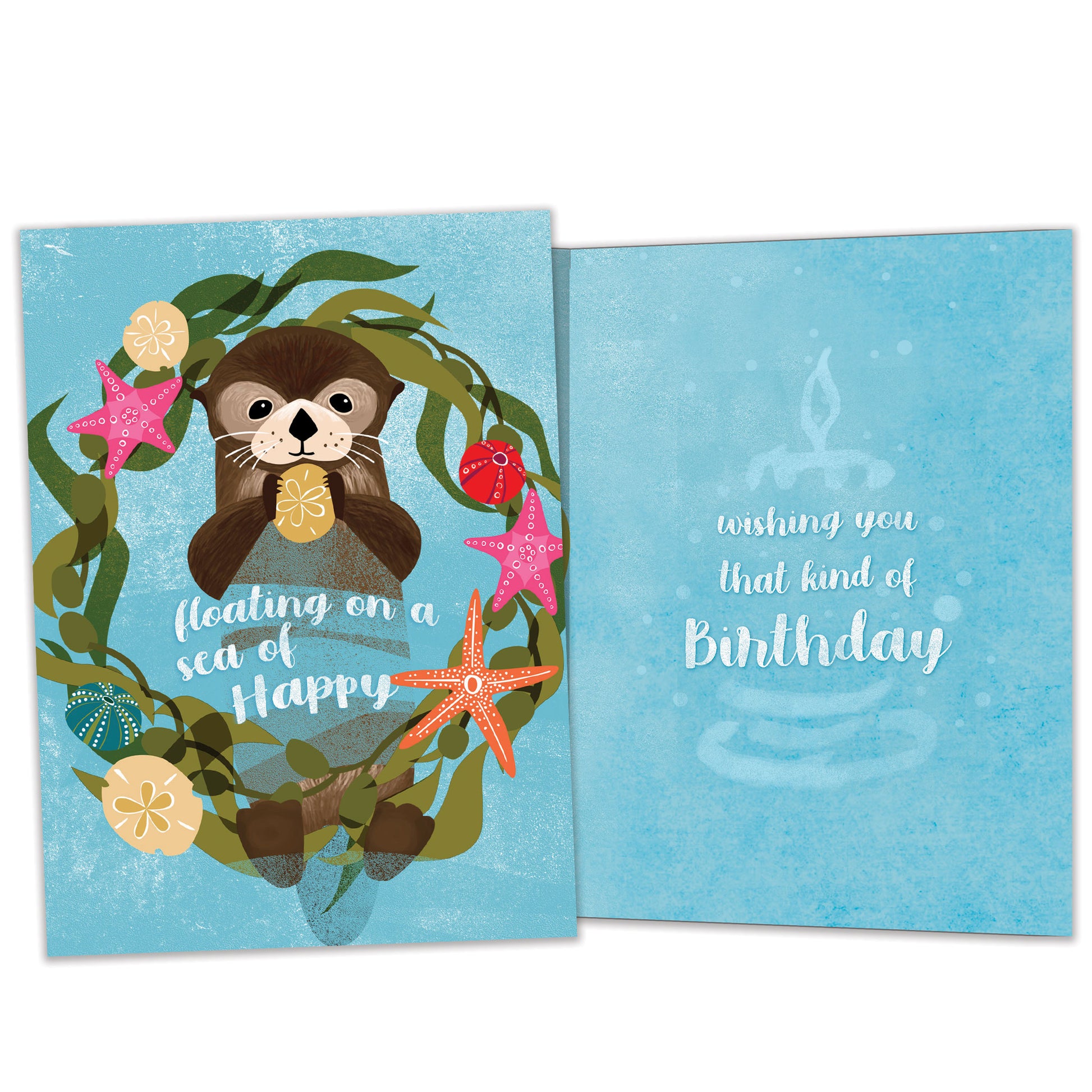 Front and inside view of a Birthday greeting card featuring a floating sea otter with a happy message, with matching design details inside.