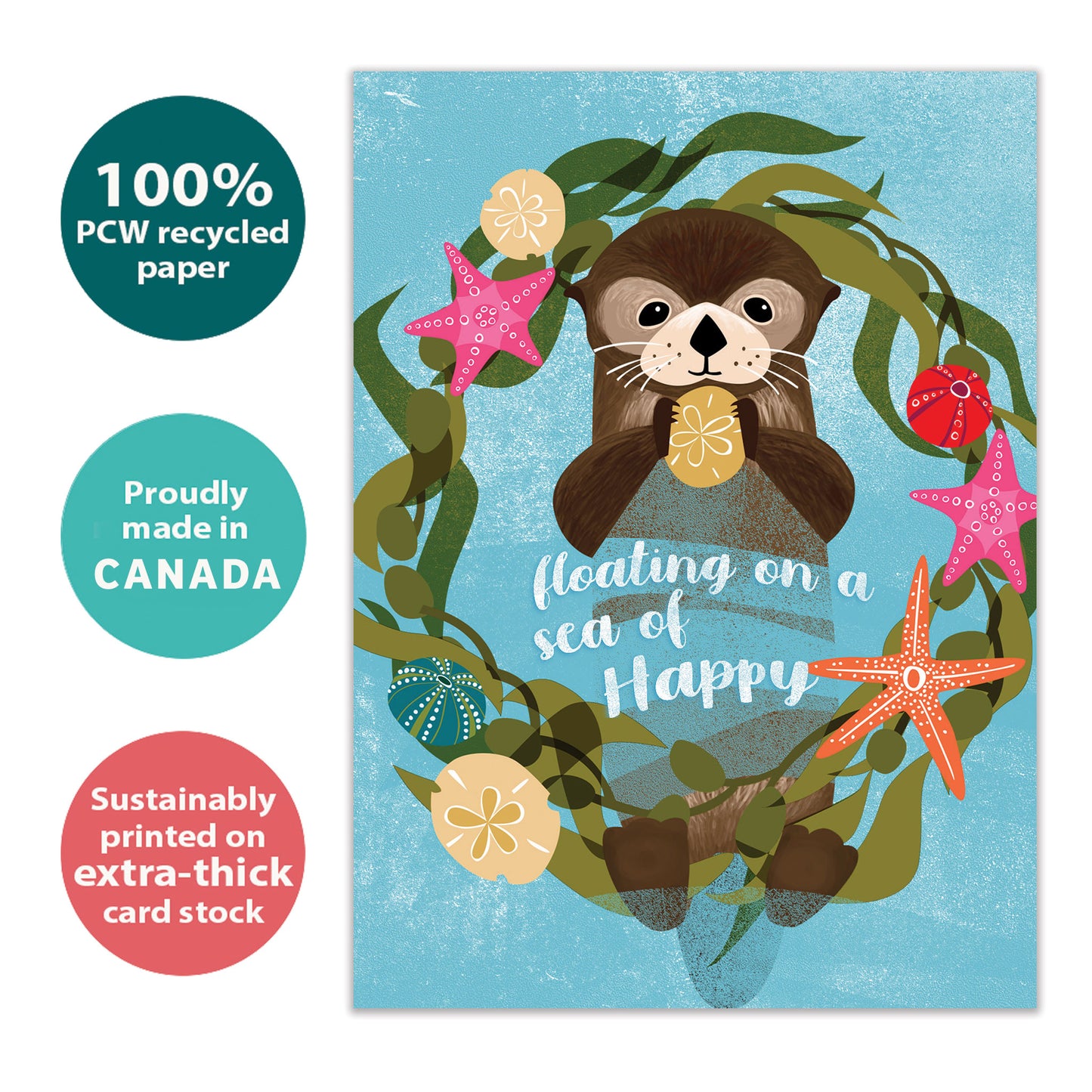 Front view of a Birthday greeting card with a floating sea otter and a happy message, highlighting its eco-friendly materials and made in Canada.