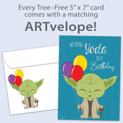 Front view of a Birthday greeting card featuring an illustration of Yoda holding balloons with a birthday message, with matching envelope artwork.