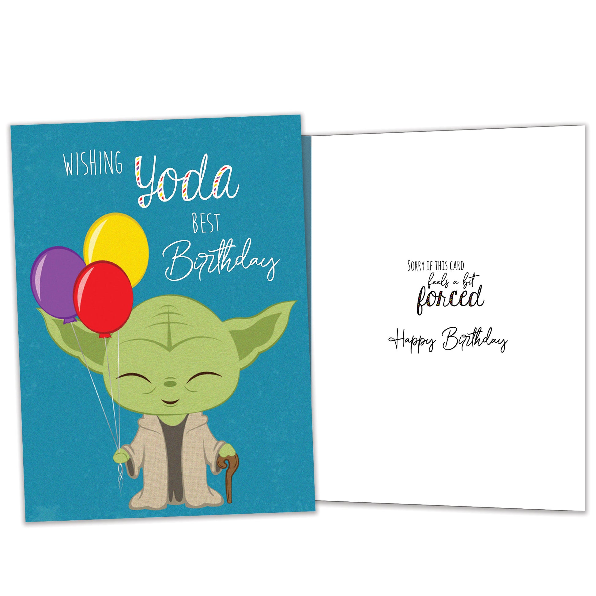 Front and inside view of a Birthday greeting card featuring an illustration of Yoda holding balloons with a birthday message, with matching design details inside.