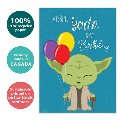 Front view of a Birthday greeting card with an illustration of Yoda holding balloons and a birthday message, highlighting its eco-friendly materials and made in Canada.