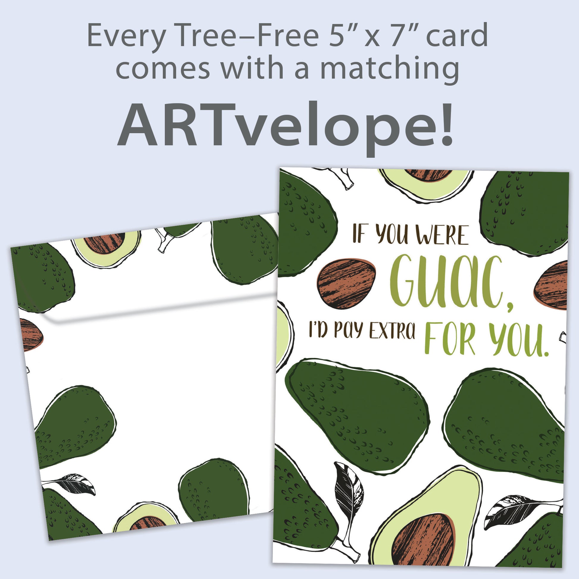 Front view of a Birthday greeting card featuring the message "if you were guac, I'd pay extra for you" surrounded by avocados, with matching envelope artwork.