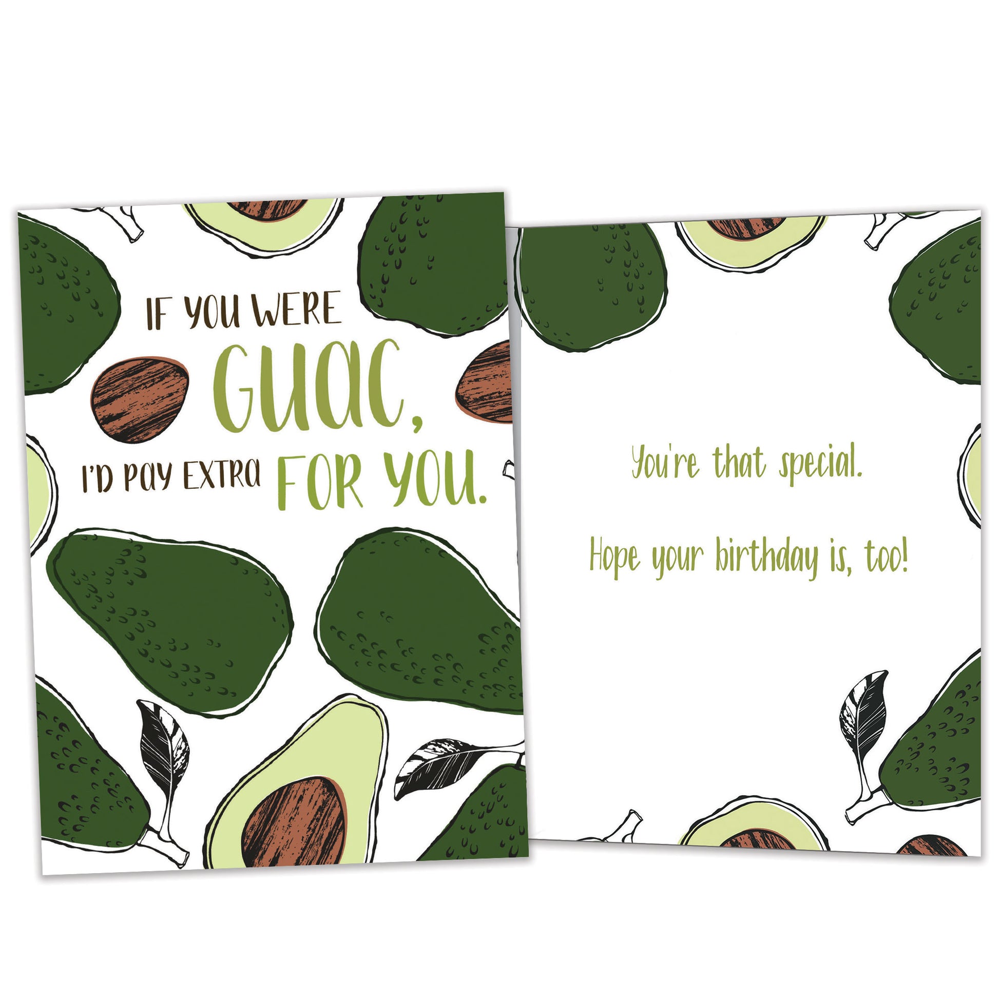 Front and inside view of a Birthday greeting card featuring the message "if you were guac, I'd pay extra for you" surrounded by avocados, with matching design details inside.