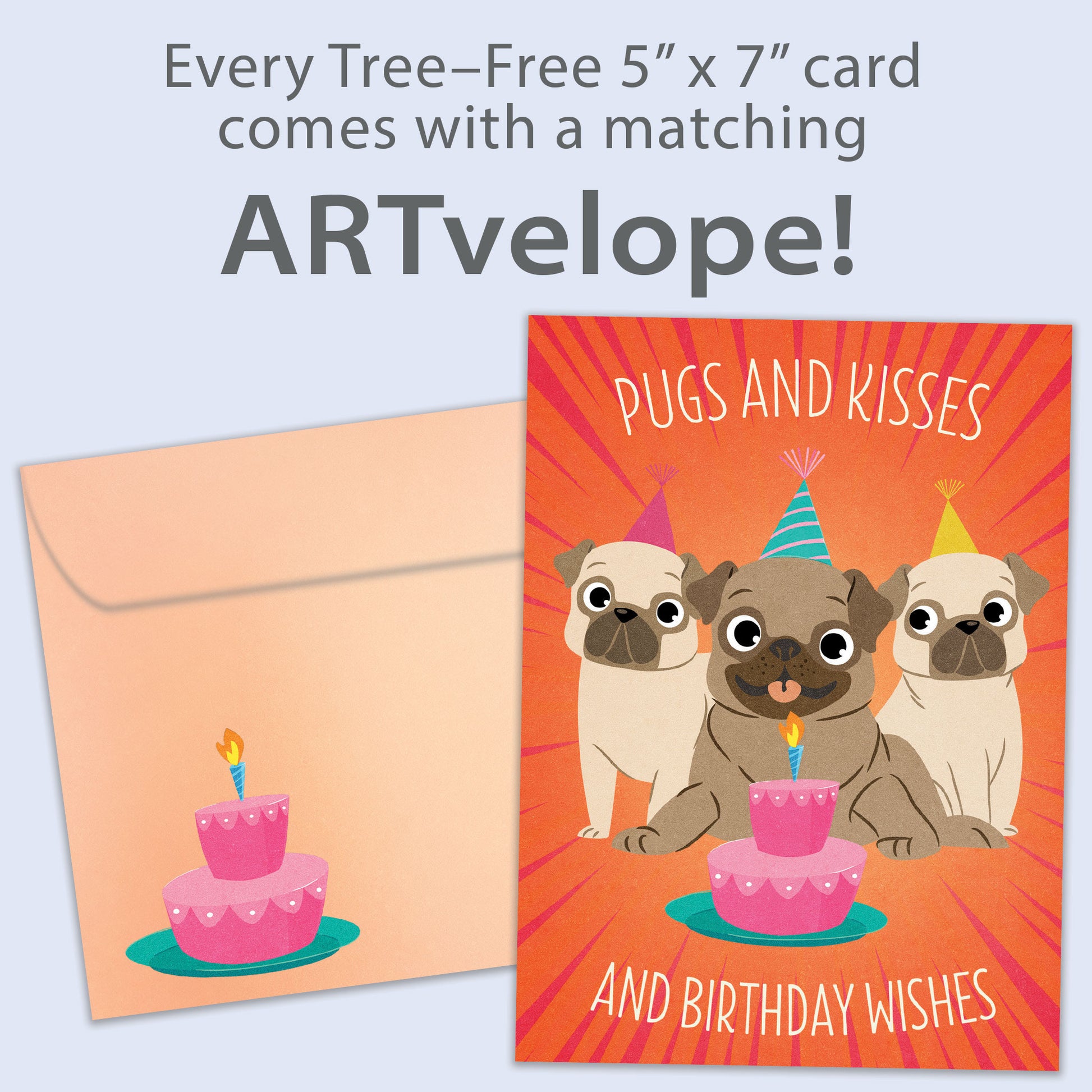 Front view of a Birthday greeting card featuring a colorful design of 3 pugs and a cake with a birthday message, with matching envelope artwork.