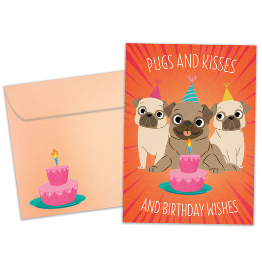 Front view of a Birthday greeting card featuring a colorful design of 3 pugs and a cake with a birthday message, with a matching envelope.