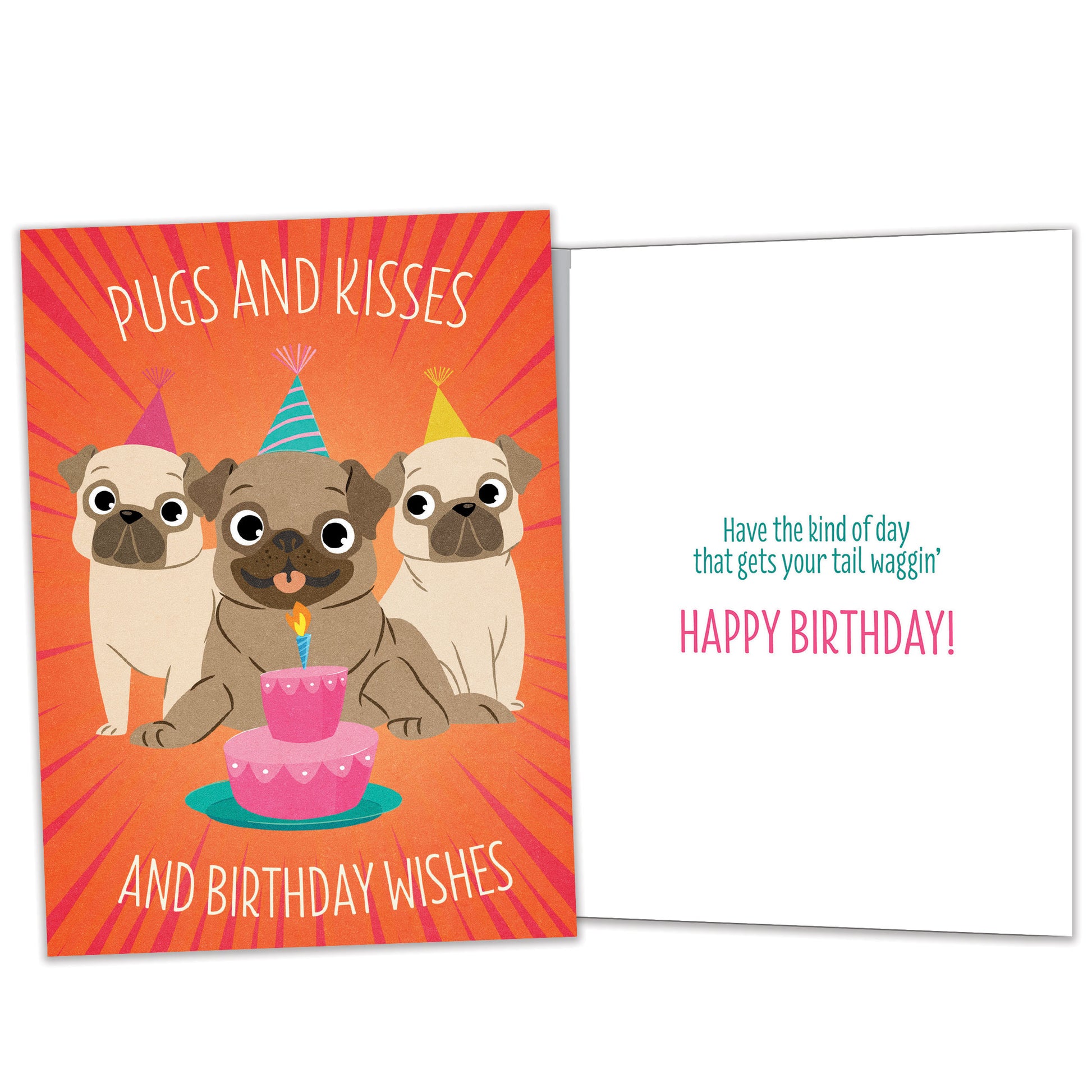 Front and inside view of a Birthday greeting card featuring a colorful design of 3 pugs and a cake with a birthday message, with matching design details inside.
