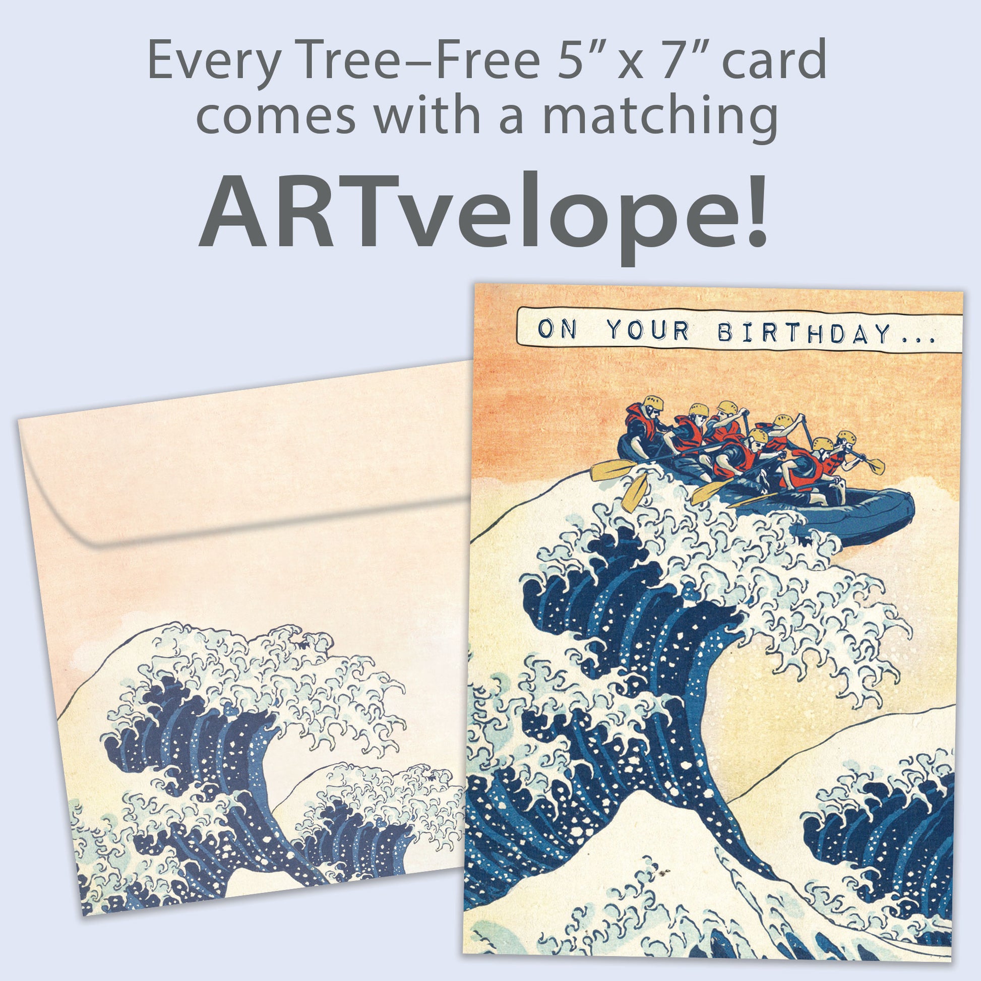Front view of a Birthday greeting card featuring an illustration of friends in a raft paddling on a giant wave, with matching envelope artwork.