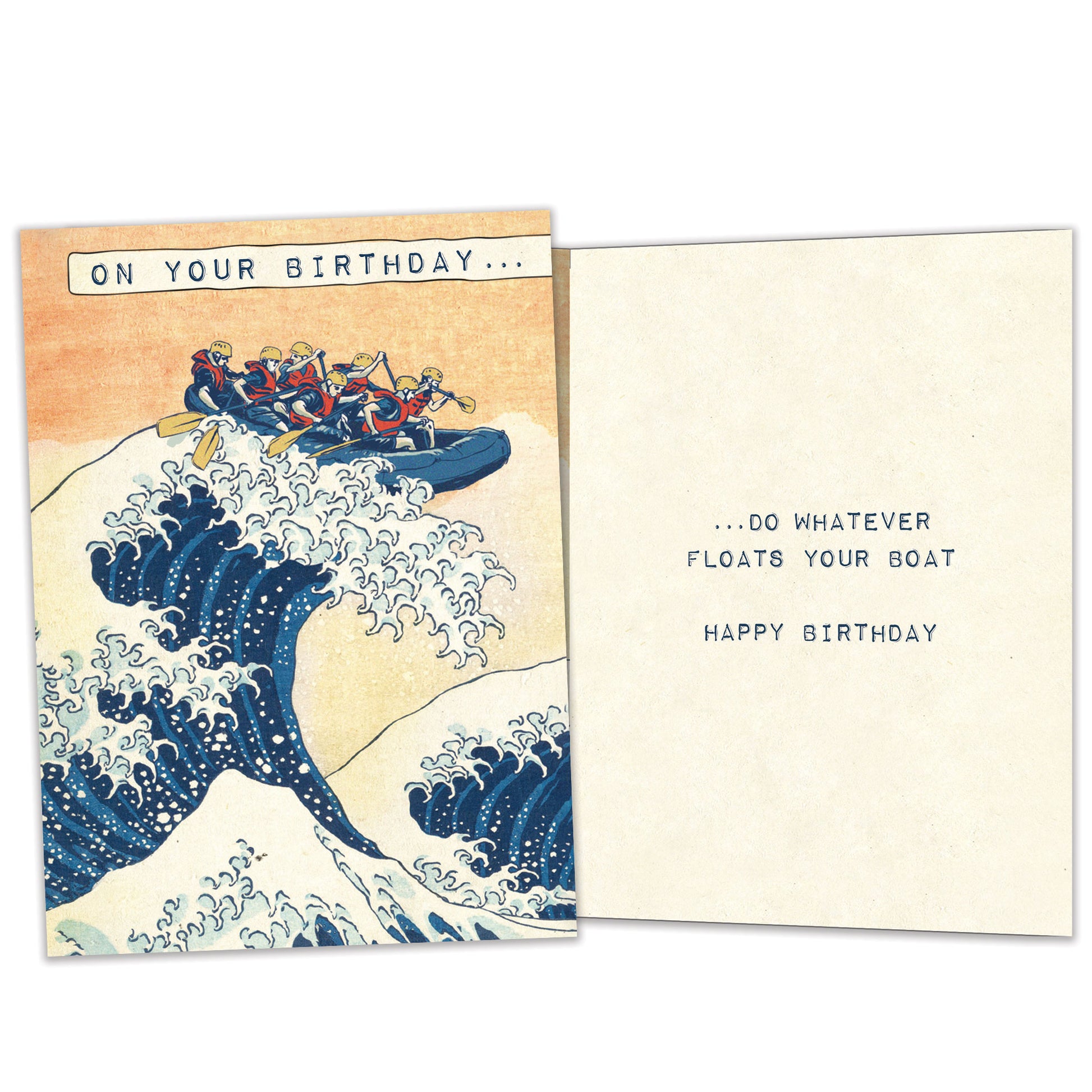 Front and inside view of a Birthday greeting card featuring an illustration of friends in a raft paddling on a giant wave, with matching design details inside.