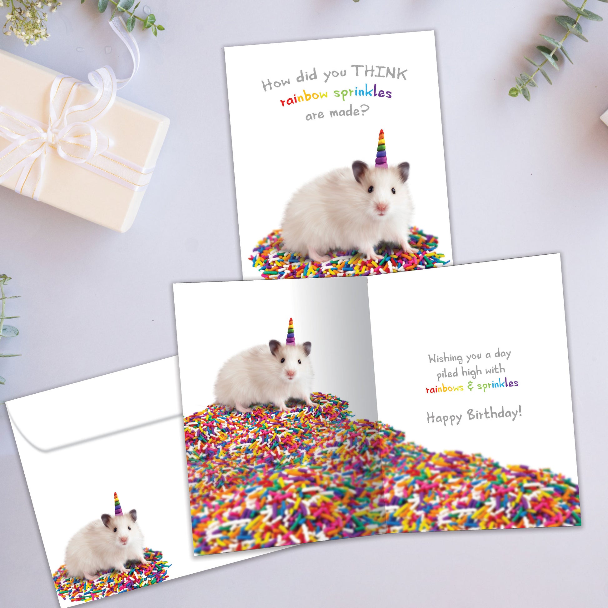 Front and inside view of a Birthday greeting card showcasing a hamster sitting on sprinkles with the message "how did you think sprinkles are made?", with a matching envelope.