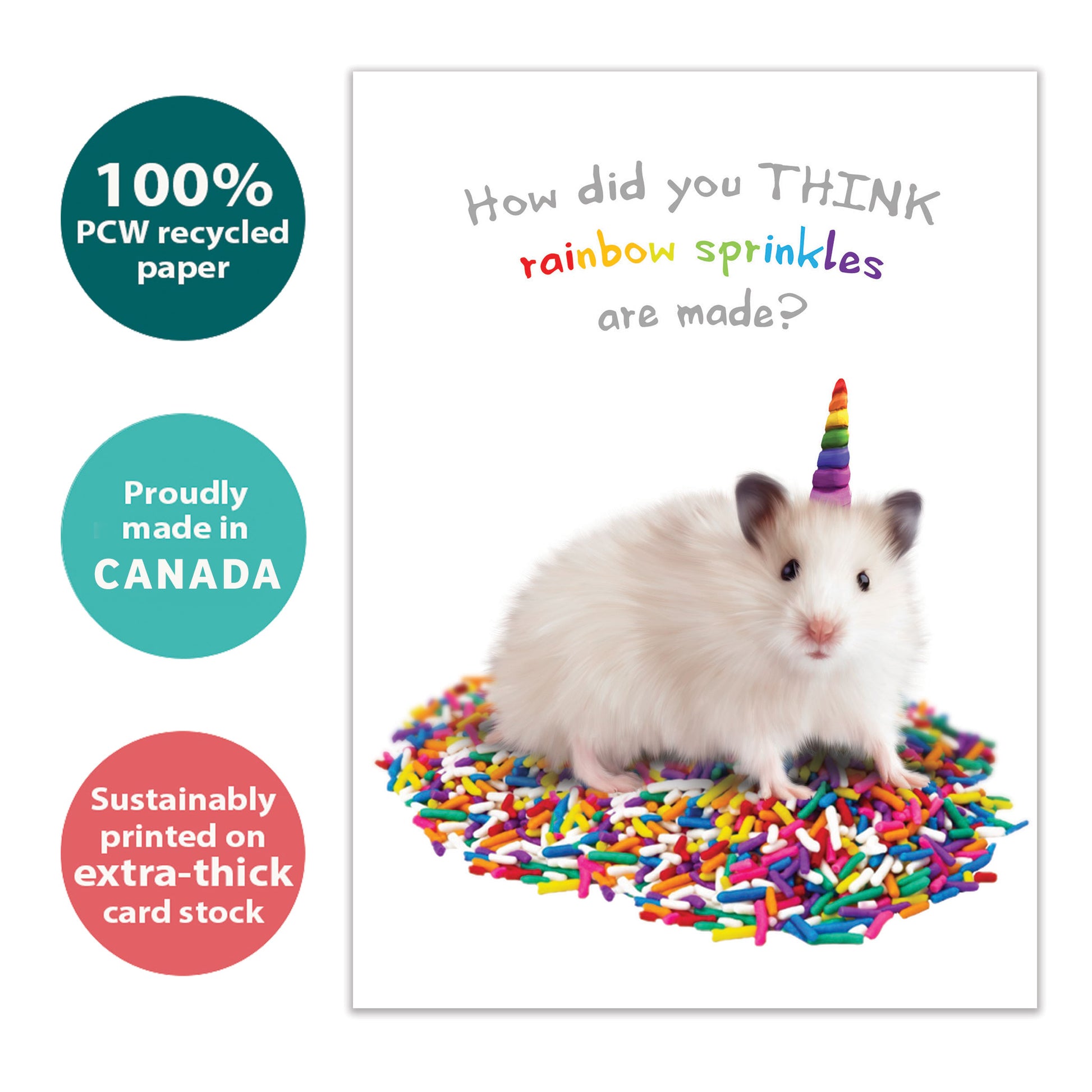 Front view of a Birthday greeting card with a hamster sitting on sprinkles and the message "how did you think sprinkles are made?", highlighting its eco-friendly materials and made in Canada.