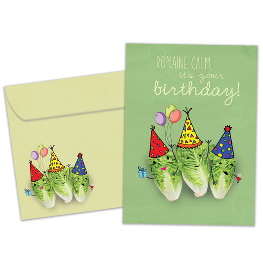 Front view of a Birthday greeting card featuring romaine lettuce wearing party hats with a funny message, with a matching envelope.