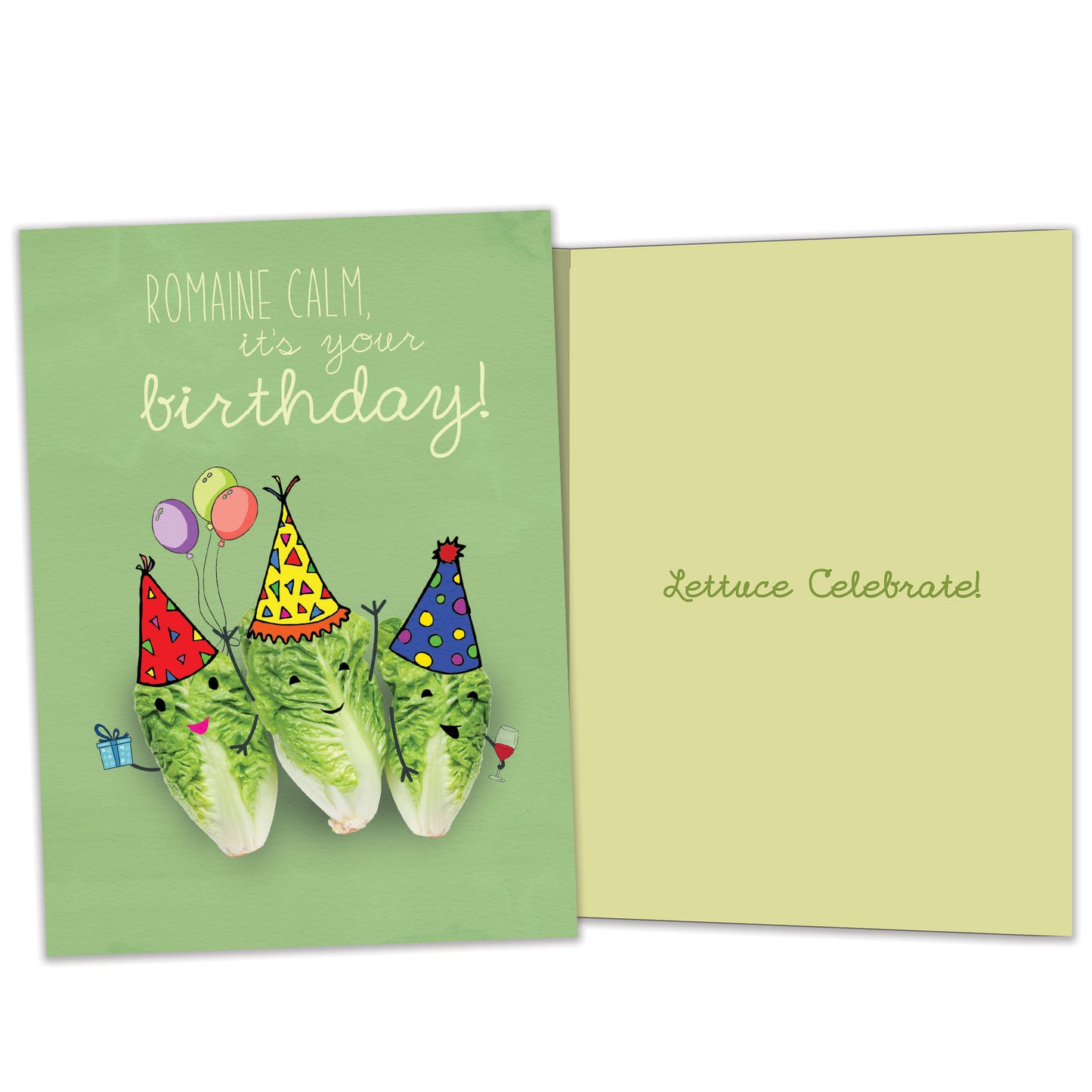 Front and inside view of a Birthday greeting card featuring romaine lettuce wearing party hats with a funny message, with matching design details inside.