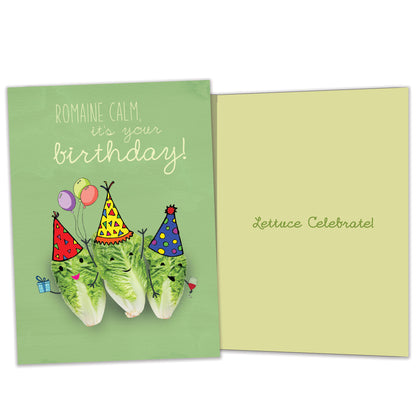 Front and inside view of a Birthday greeting card featuring romaine lettuce wearing party hats with a funny message, with matching design details inside.