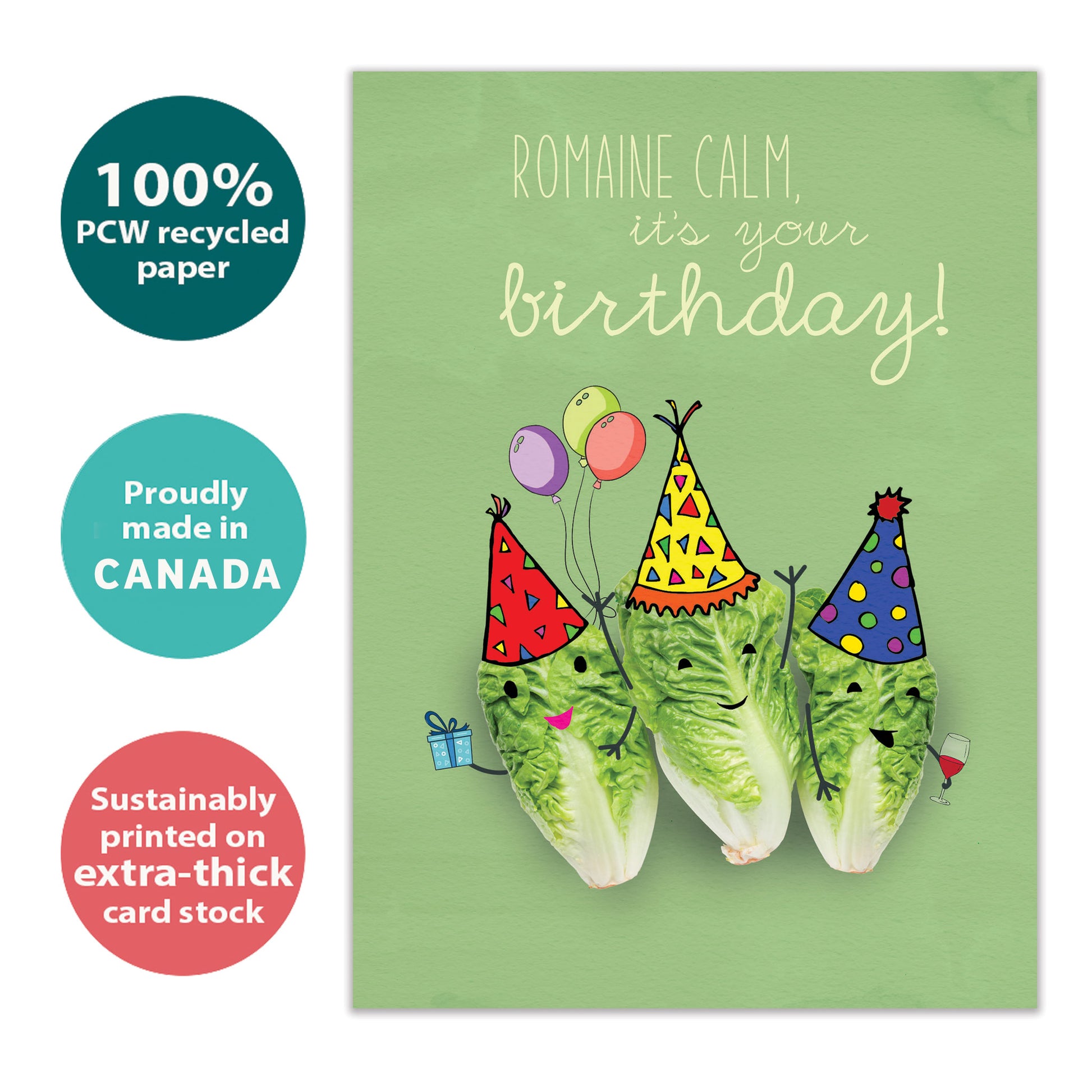 Front view of a Birthday greeting card with romaine lettuce wearing party hats and a funny message, highlighting its eco-friendly materials and made in Canada.