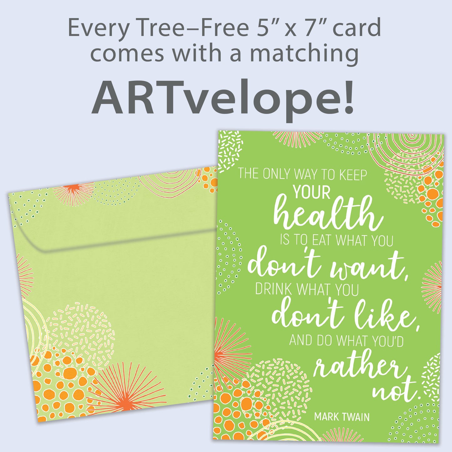Front view of a Birthday greeting card featuring a green abstract background with a wise quote about life from Mark Twain, with matching envelope artwork.