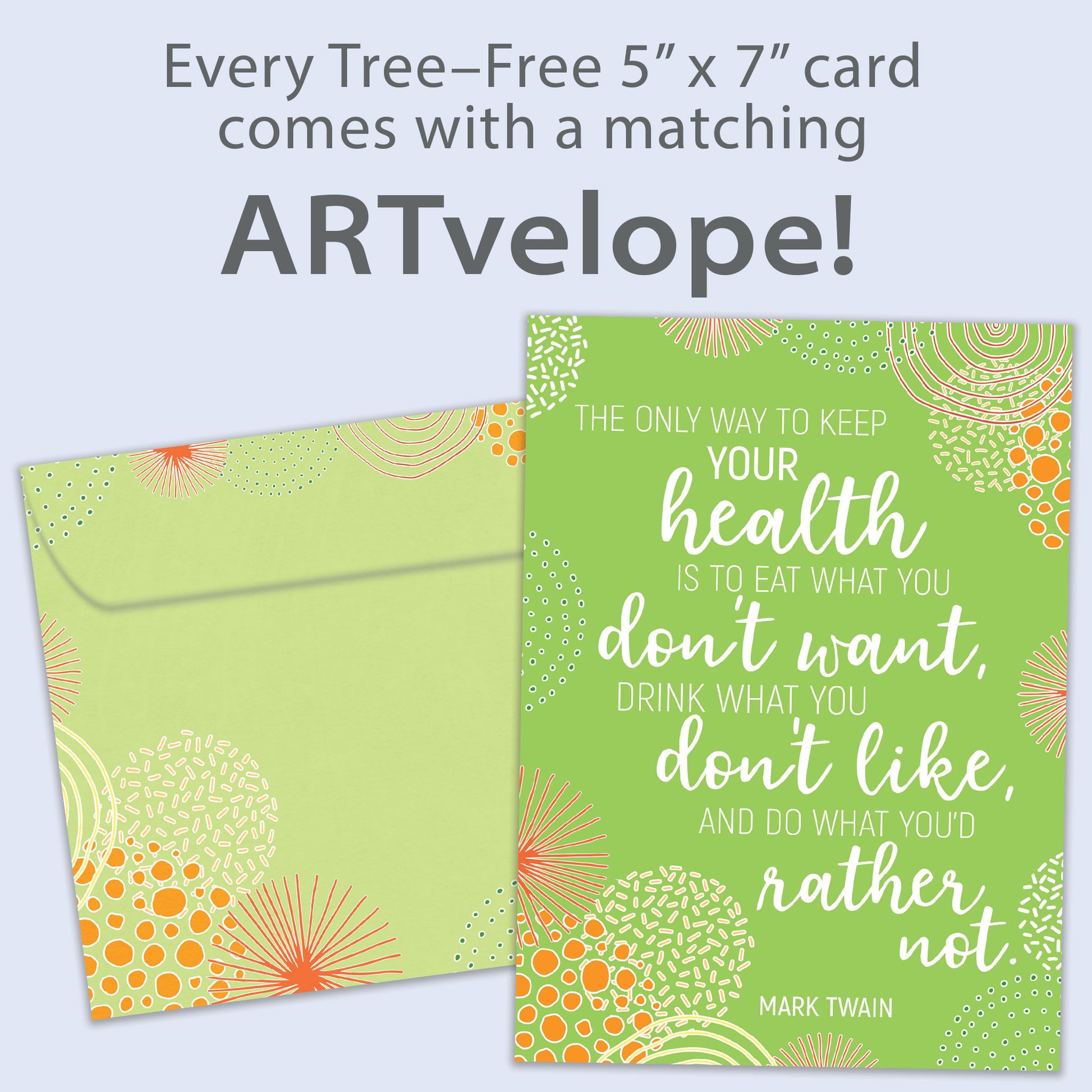 Front view of a Birthday greeting card featuring a green abstract background with a wise quote about life from Mark Twain, with matching envelope artwork.