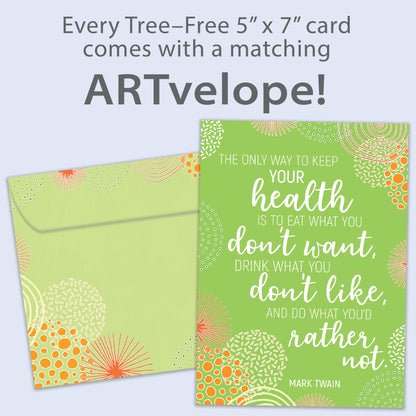 Front view of a Birthday greeting card featuring a green abstract background with a wise quote about life from Mark Twain, with matching envelope artwork.