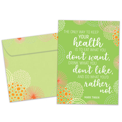 Front view of a Birthday greeting card featuring a green abstract background with a wise quote about life from Mark Twain, with a matching envelope.