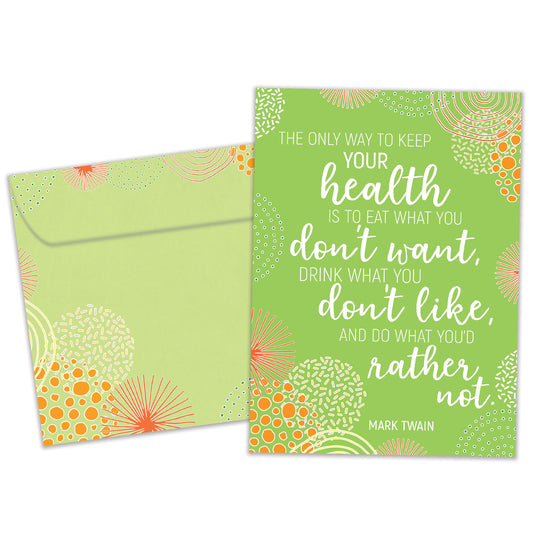 Front view of a Birthday greeting card featuring a green abstract background with a wise quote about life from Mark Twain, with a matching envelope.