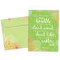 Front view of a Birthday greeting card featuring a green abstract background with a wise quote about life from Mark Twain, with a matching envelope.
