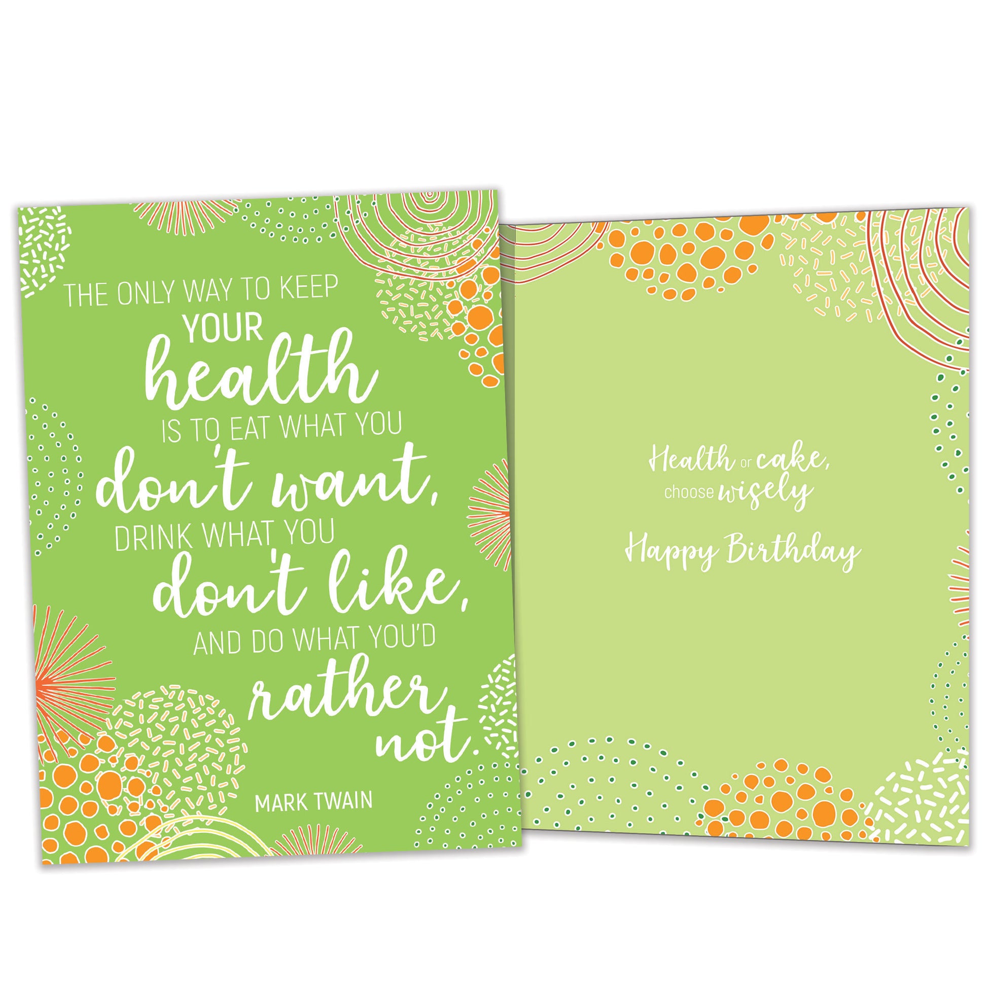 Front and inside view of a Birthday greeting card featuring a green abstract background with a wise quote about life from Mark Twain, with matching design details inside.