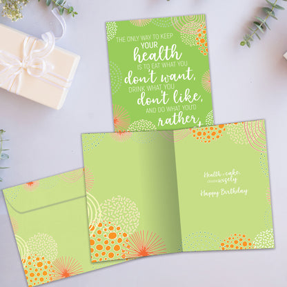 Front and inside view of a Birthday greeting card showcasing a green abstract background with a wise quote about life from Mark Twain, with a matching envelope.