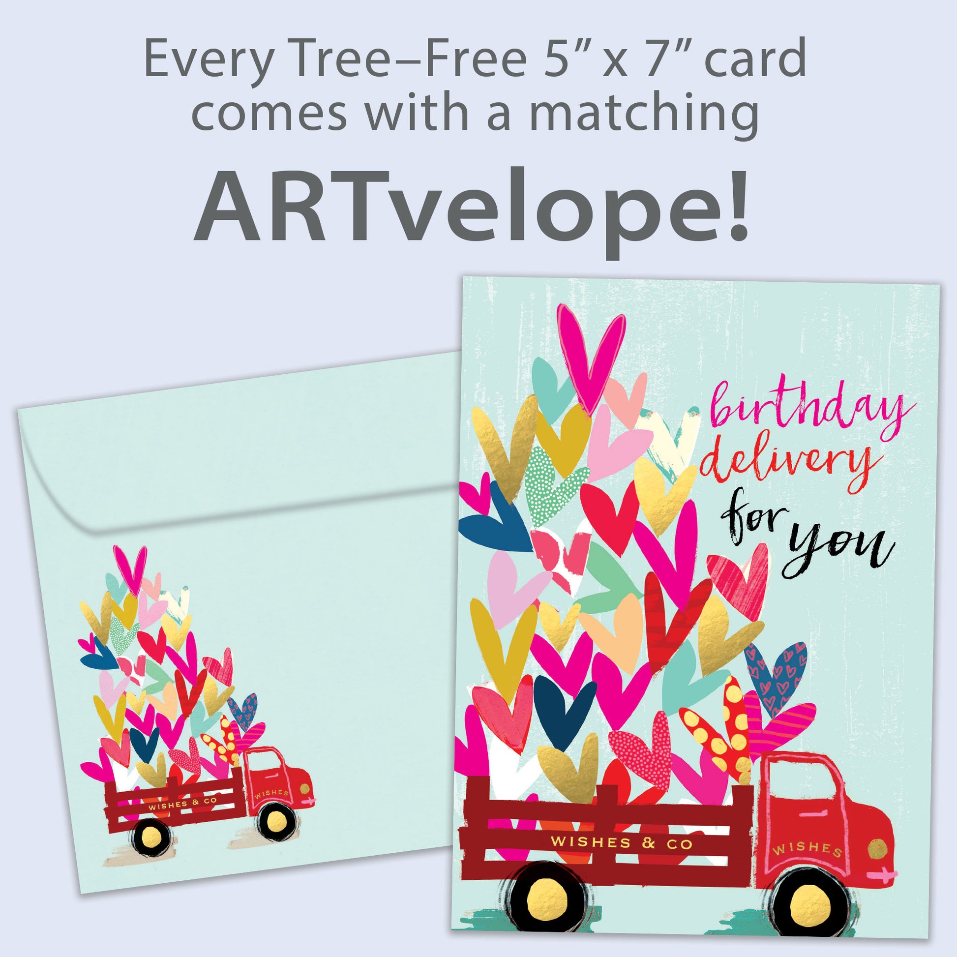 Front view of a Birthday greeting card featuring an illustration of a delivery truck filled with hearts, with matching envelope artwork.