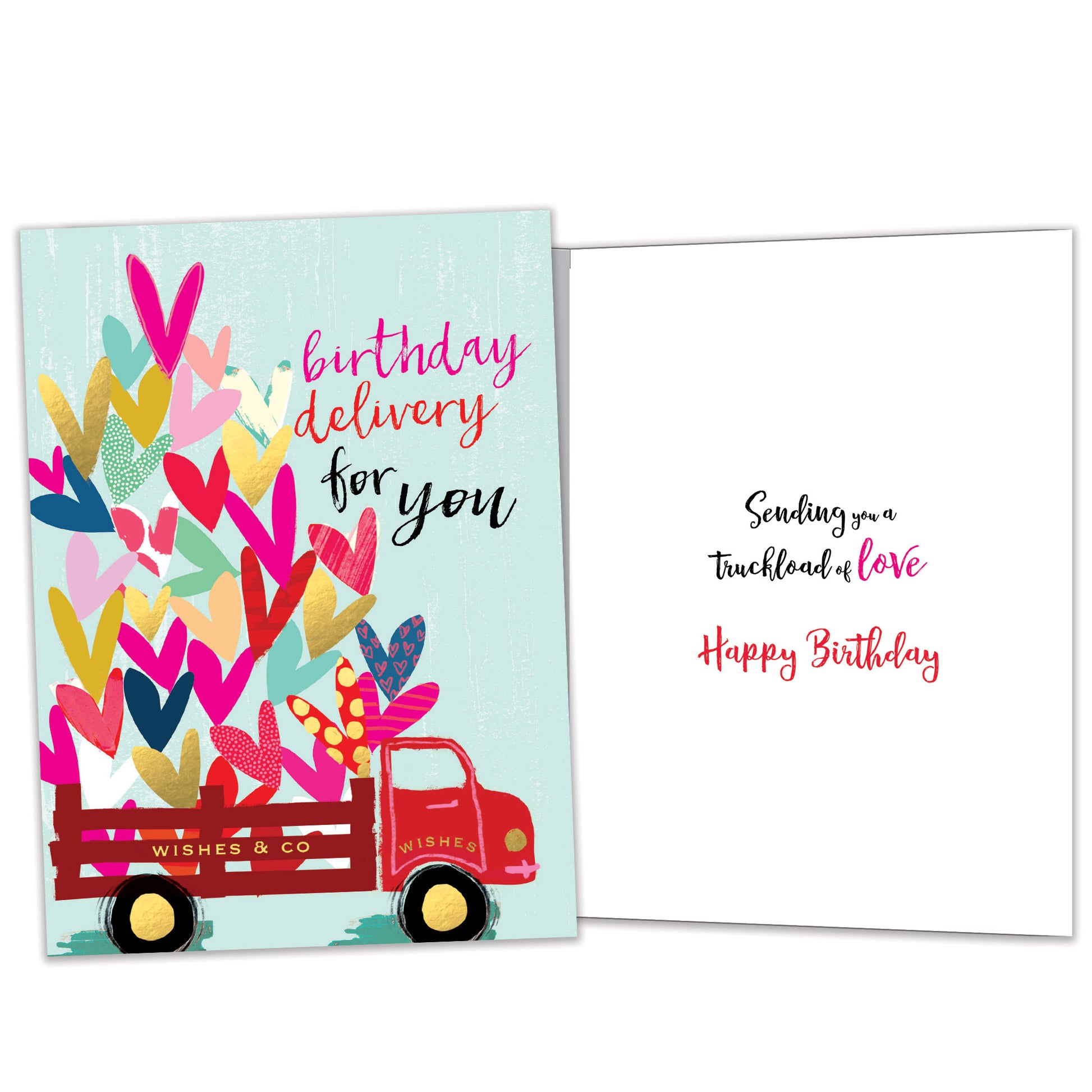 Front and inside view of a Birthday greeting card featuring an illustration of a delivery truck filled with hearts, with matching design details inside.