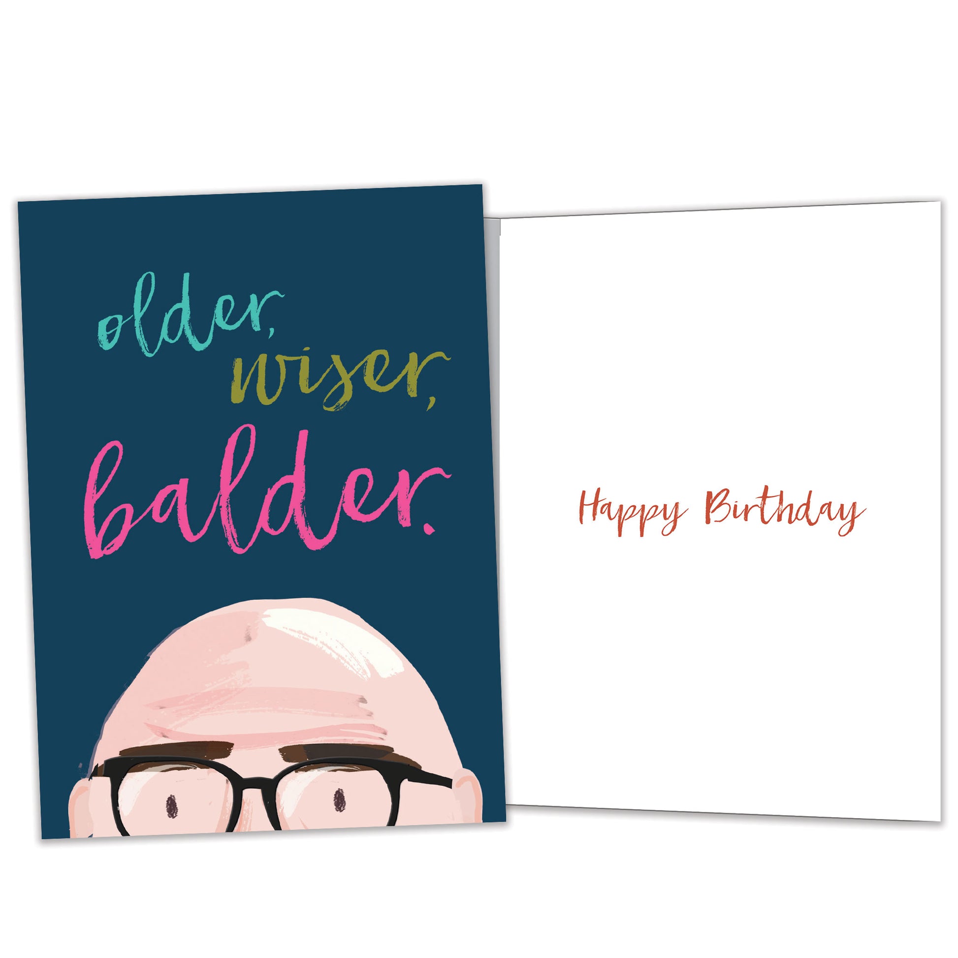 Front and inside view of a Birthday greeting card featuring the top of a bald man's head with the words "older, wiser, balder", with matching design details inside.