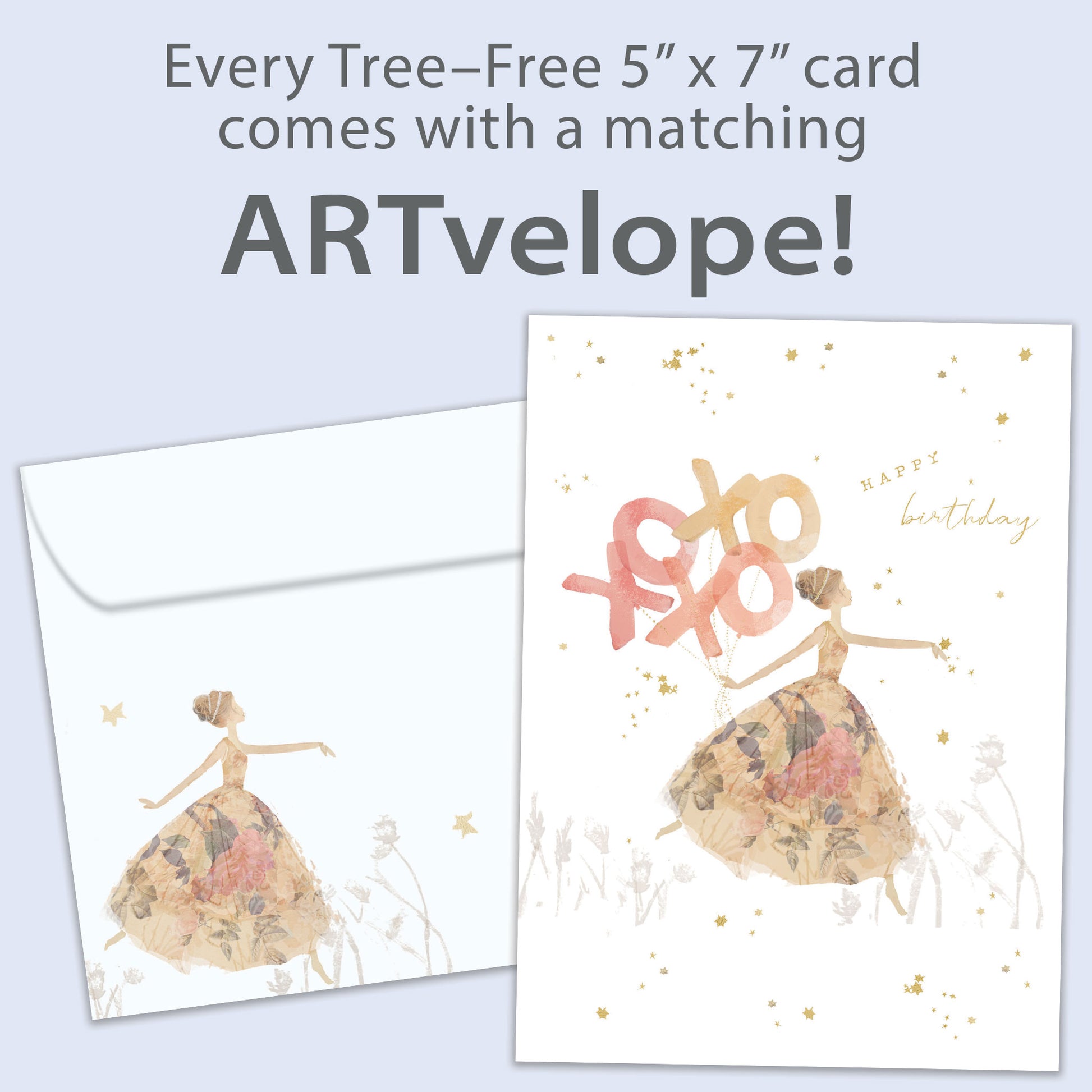 Front view of a Birthday greeting card featuring an illustration of a lady in a fancy gown with the message "happy birthday" and xoxo, with matching envelope artwork.