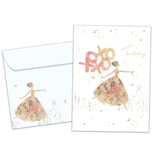 Front view of a Birthday greeting card featuring an illustration of a lady in a fancy gown with the message "happy birthday" and xoxo, with a matching envelope.
