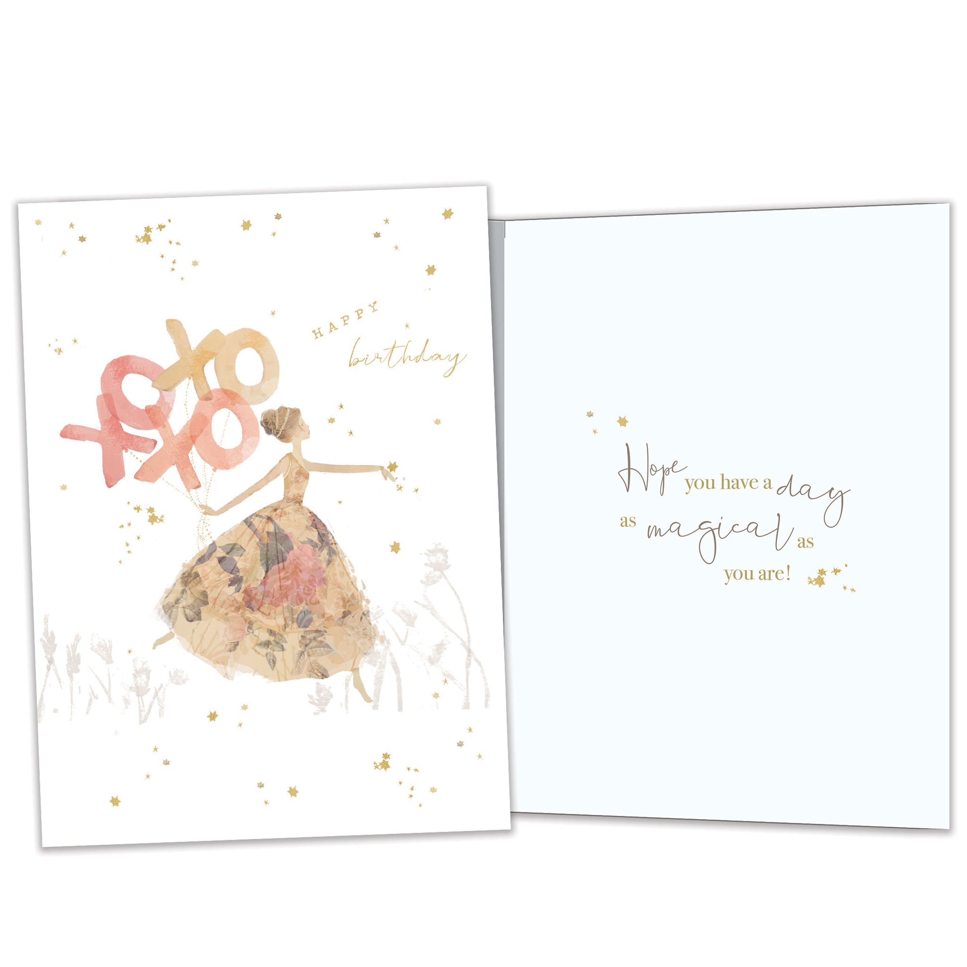 Front and inside view of a Birthday greeting card featuring an illustration of a lady in a fancy gown with the message "happy birthday" and xoxo, with matching design details inside.