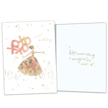 Front and inside view of a Birthday greeting card featuring an illustration of a lady in a fancy gown with the message "happy birthday" and xoxo, with matching design details inside.