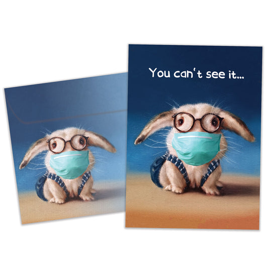 Front view of a Birthday greeting card featuring a bunny wearing a medical mask with the words "You can't see it...", with a matching envelope.