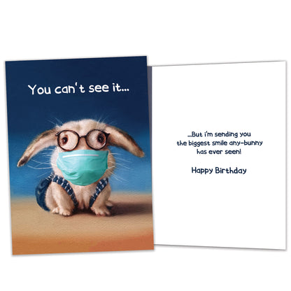 Front and inside view of a Birthday greeting card featuring a bunny wearing a medical mask with the words "You can't see it...", with matching design details inside.
