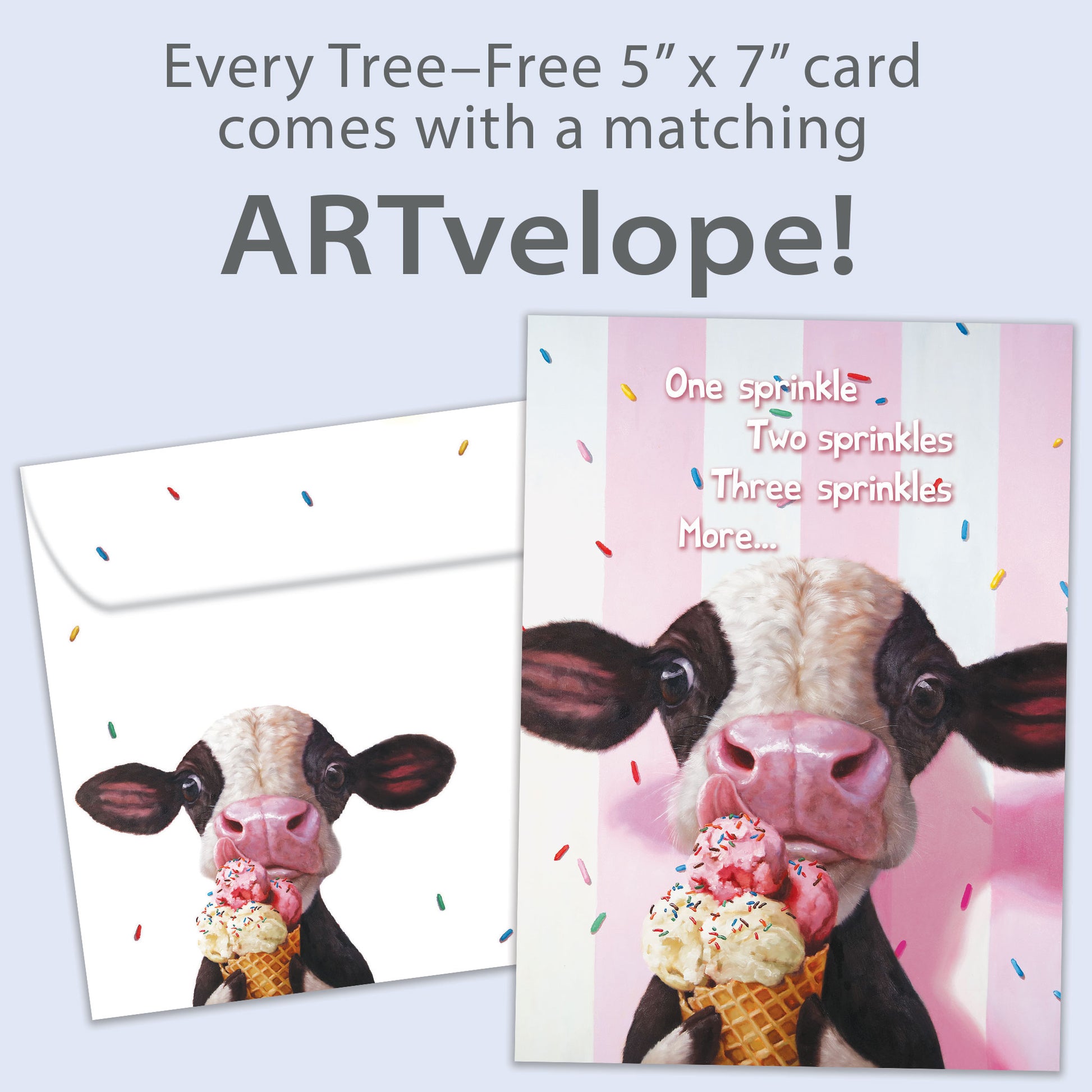 Front view of a Birthday greeting card featuring a cow licking an ice cream cone on a pinkish background, with matching envelope artwork.