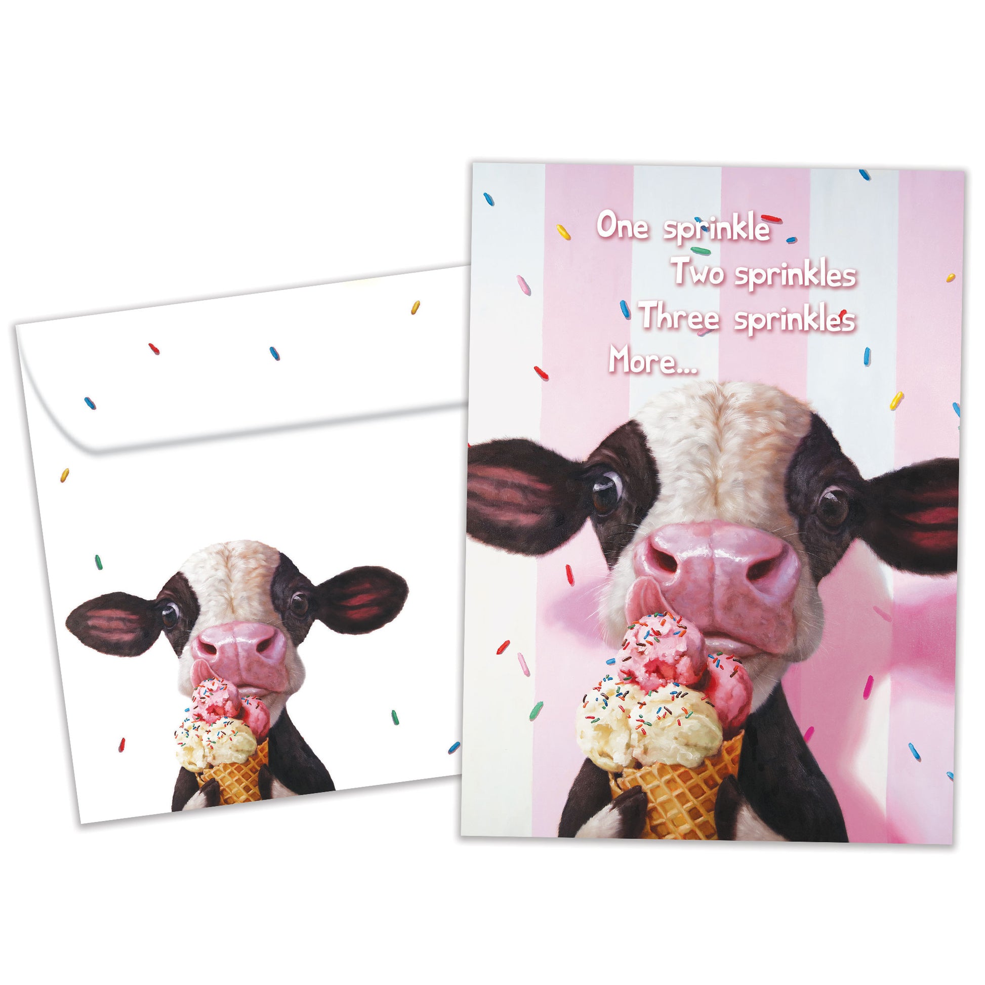 Front view of a Birthday greeting card featuring a cow licking an ice cream cone on a pinkish background, with a matching envelope.