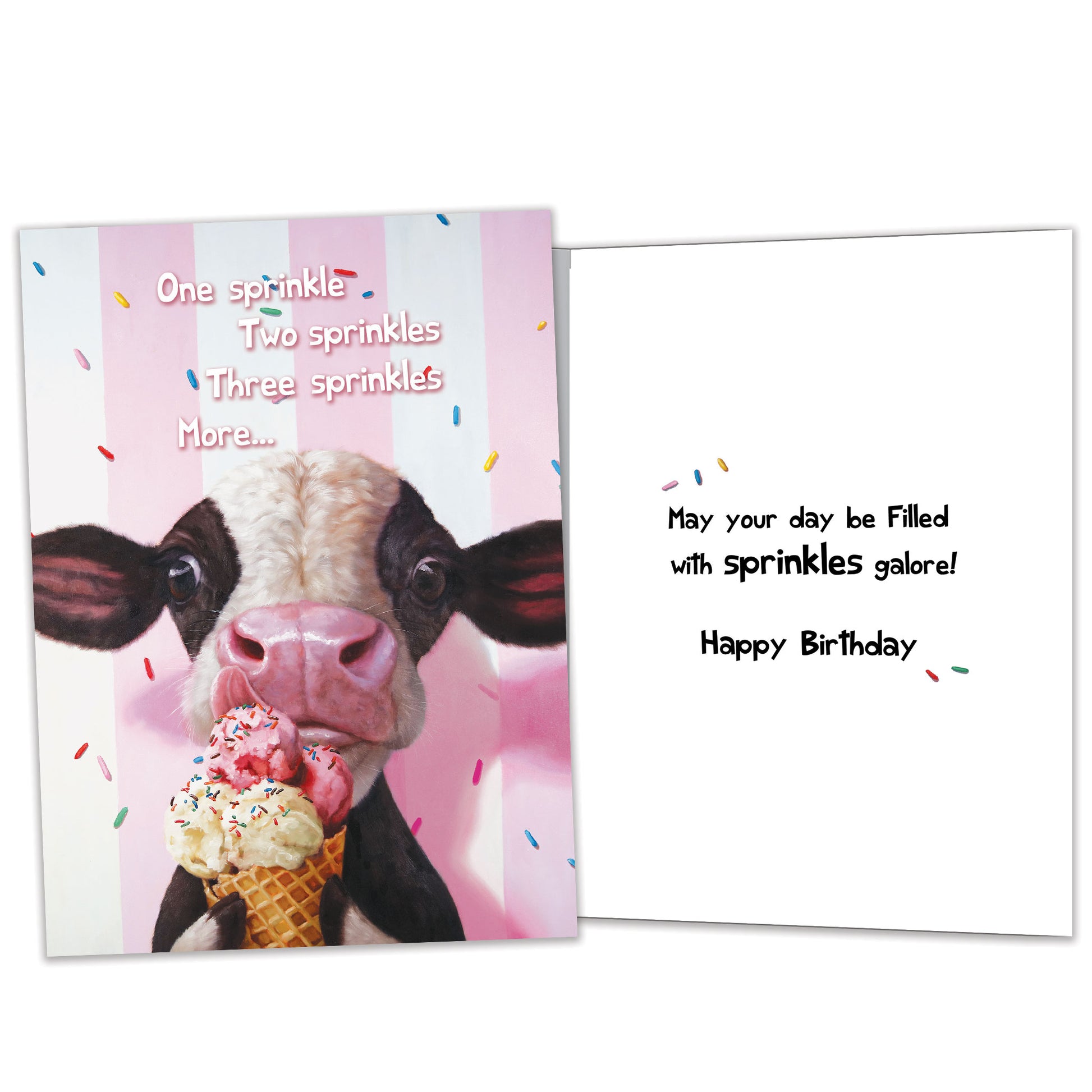 Front and inside view of a Birthday greeting card featuring a cow licking an ice cream cone on a pinkish background, with matching design details inside.