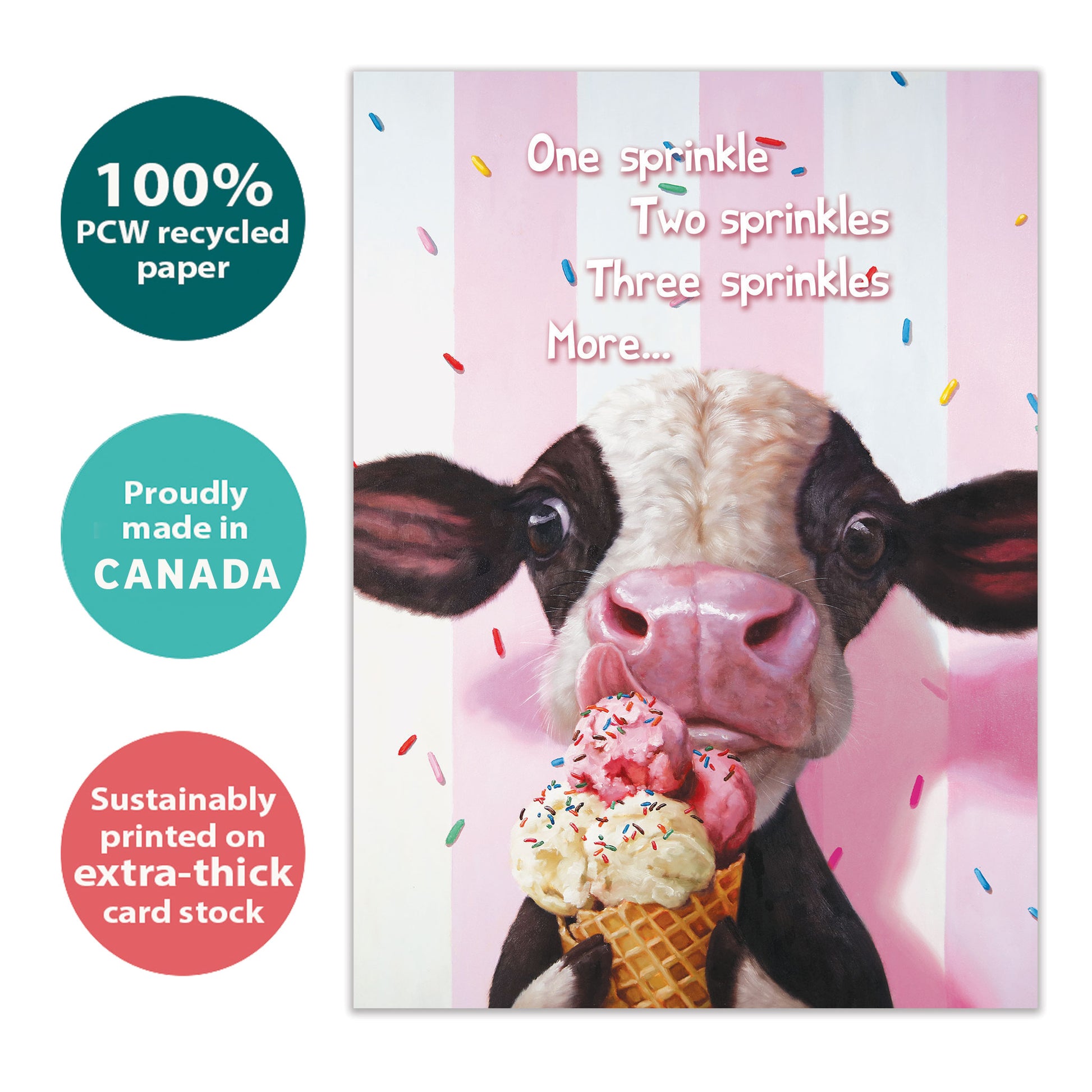 Front view of a Birthday greeting card with a cow licking an ice cream cone on a pinkish background, highlighting its eco-friendly materials and made in Canada.