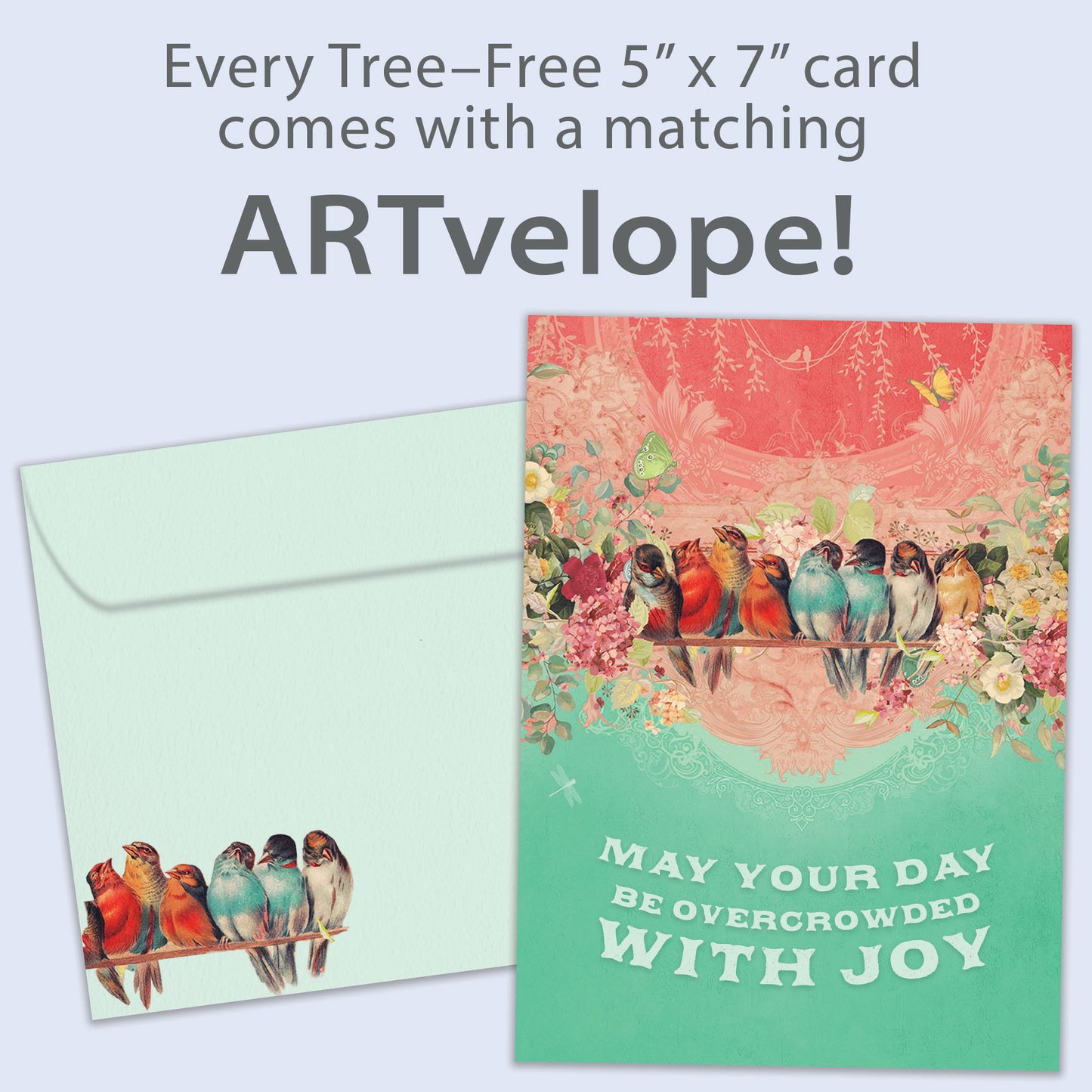 Front view of a Birthday greeting card featuring birds crowded on a branch with the message "may your day be overcrowded with joy", with matching envelope artwork.