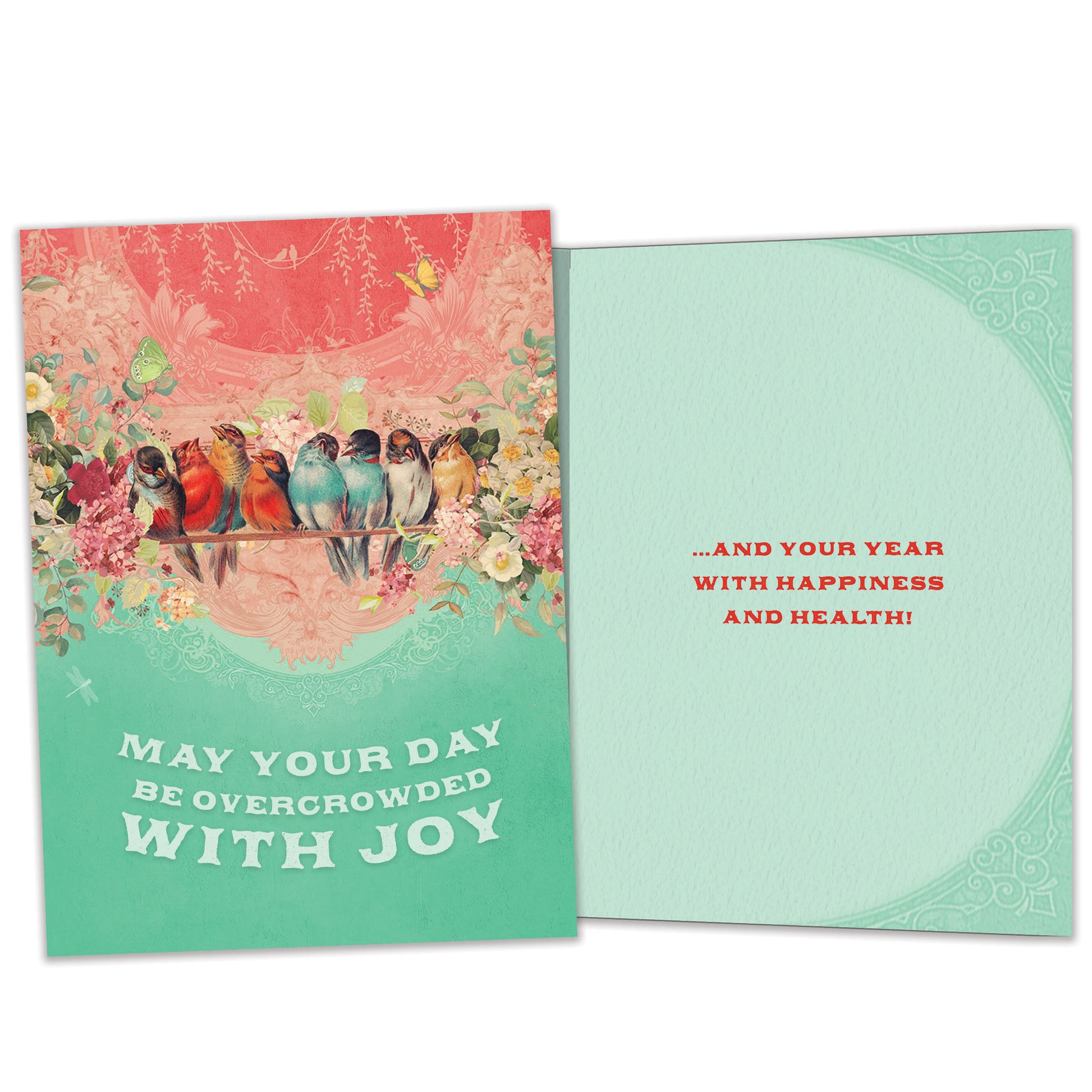 Front and inside view of a Birthday greeting card featuring birds crowded on a branch with the message "may your day be overcrowded with joy", with matching design details inside.